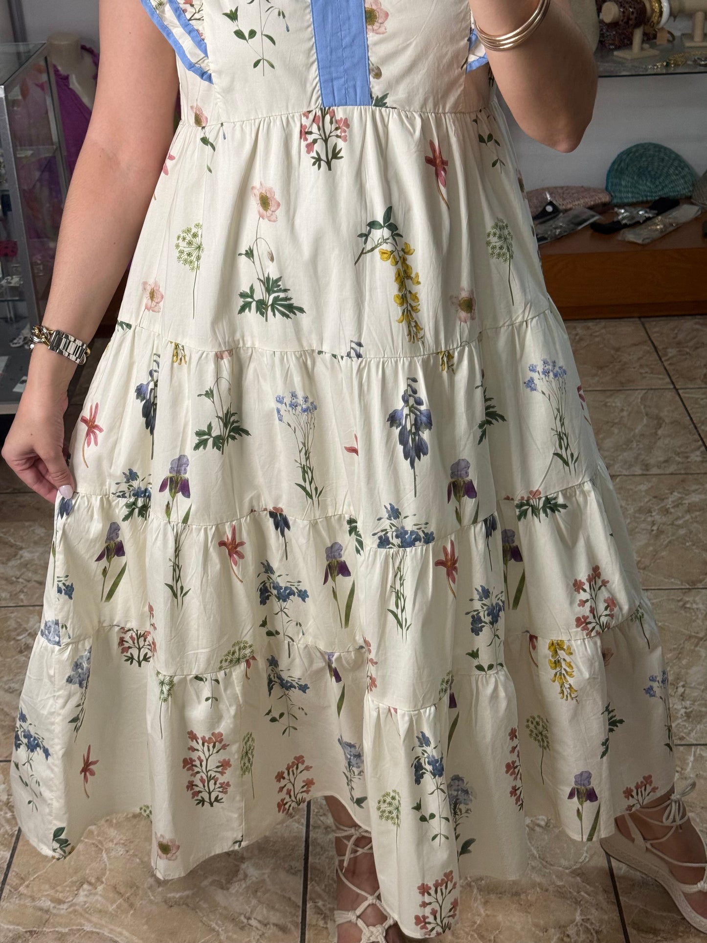 Cream Floral Midi Dress