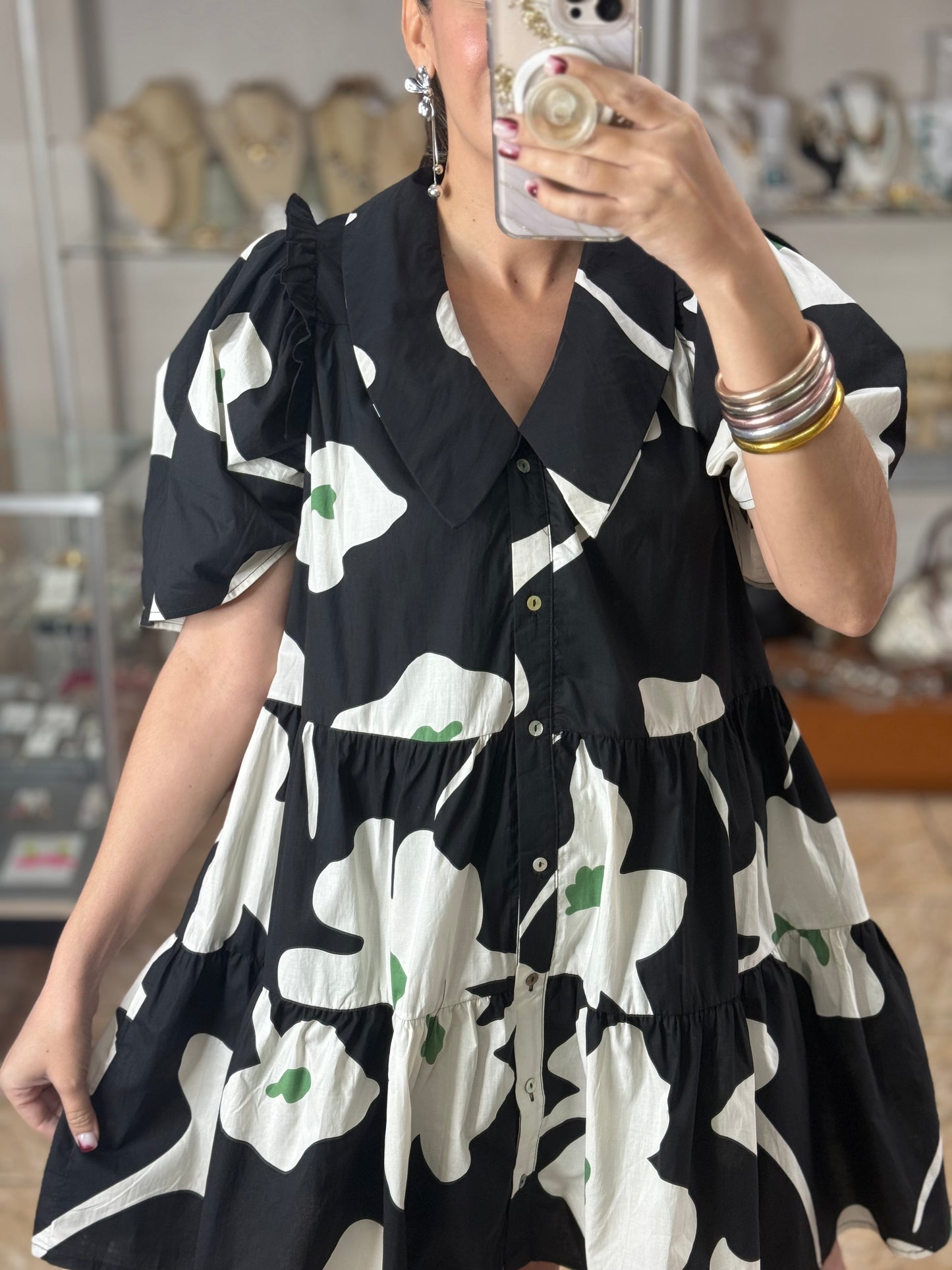 Puff Sleeves Black Floral Mini Doll Dress