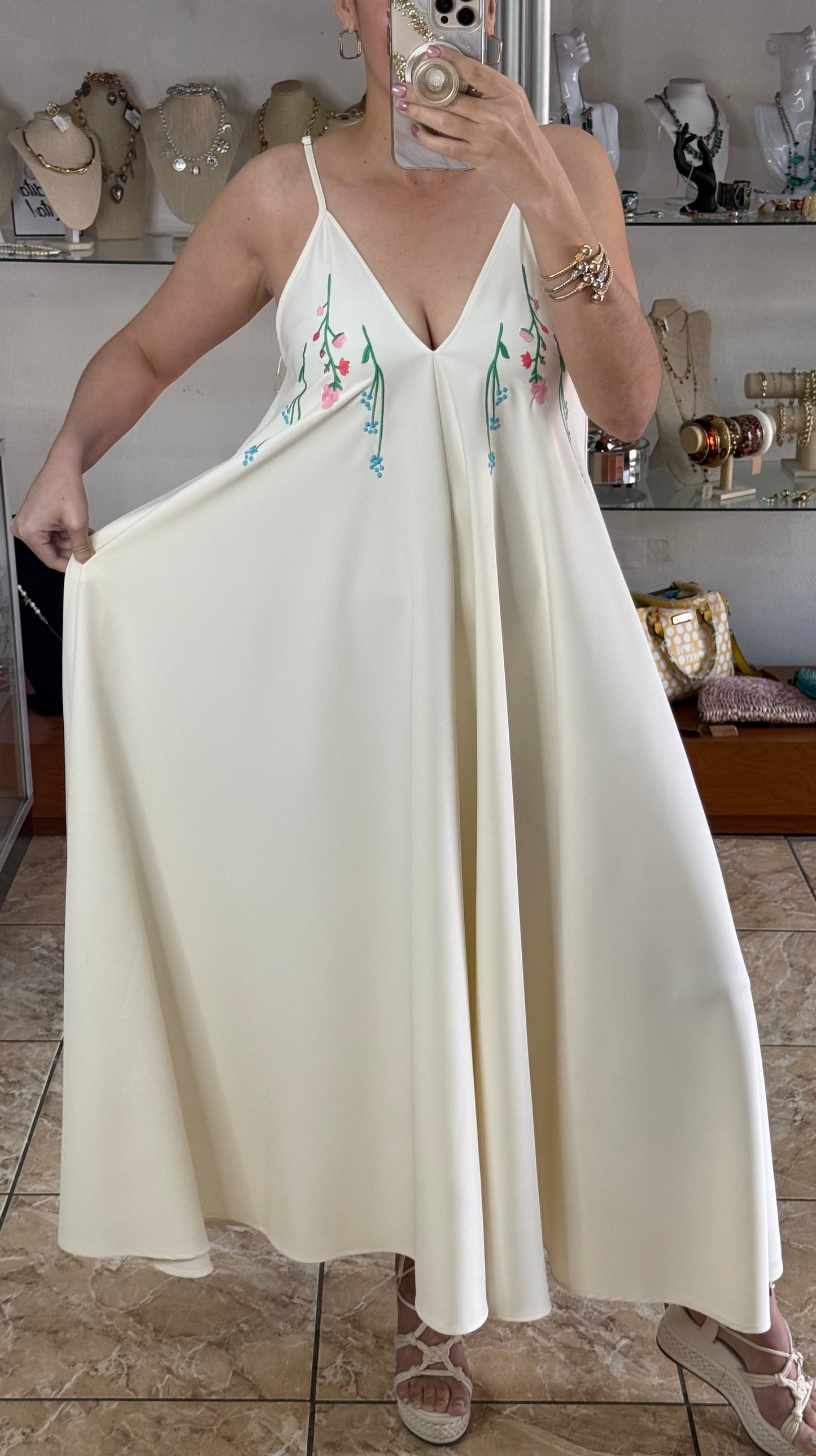 Cream Maxi Floral Embroidered Dress