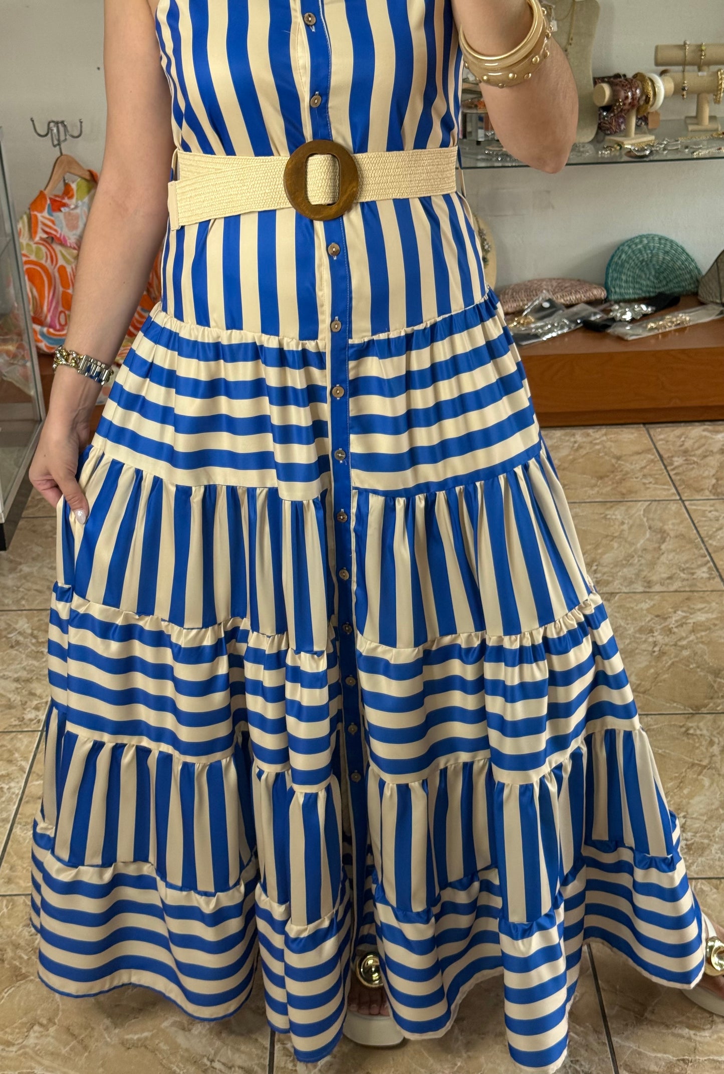 Blue Stripes Belted Maxi Dress