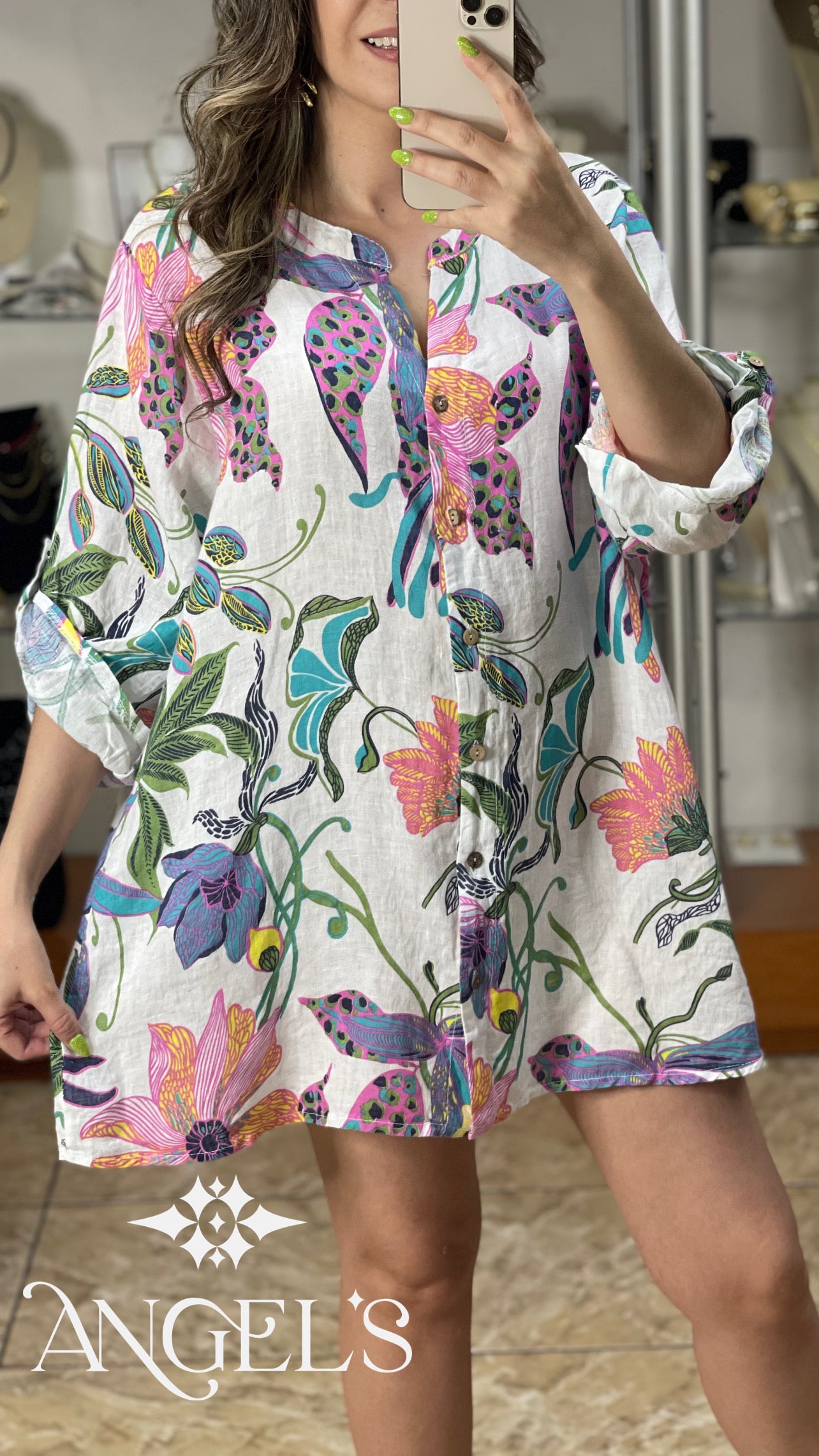 Floral Linen Tunic Top/Mini Dress