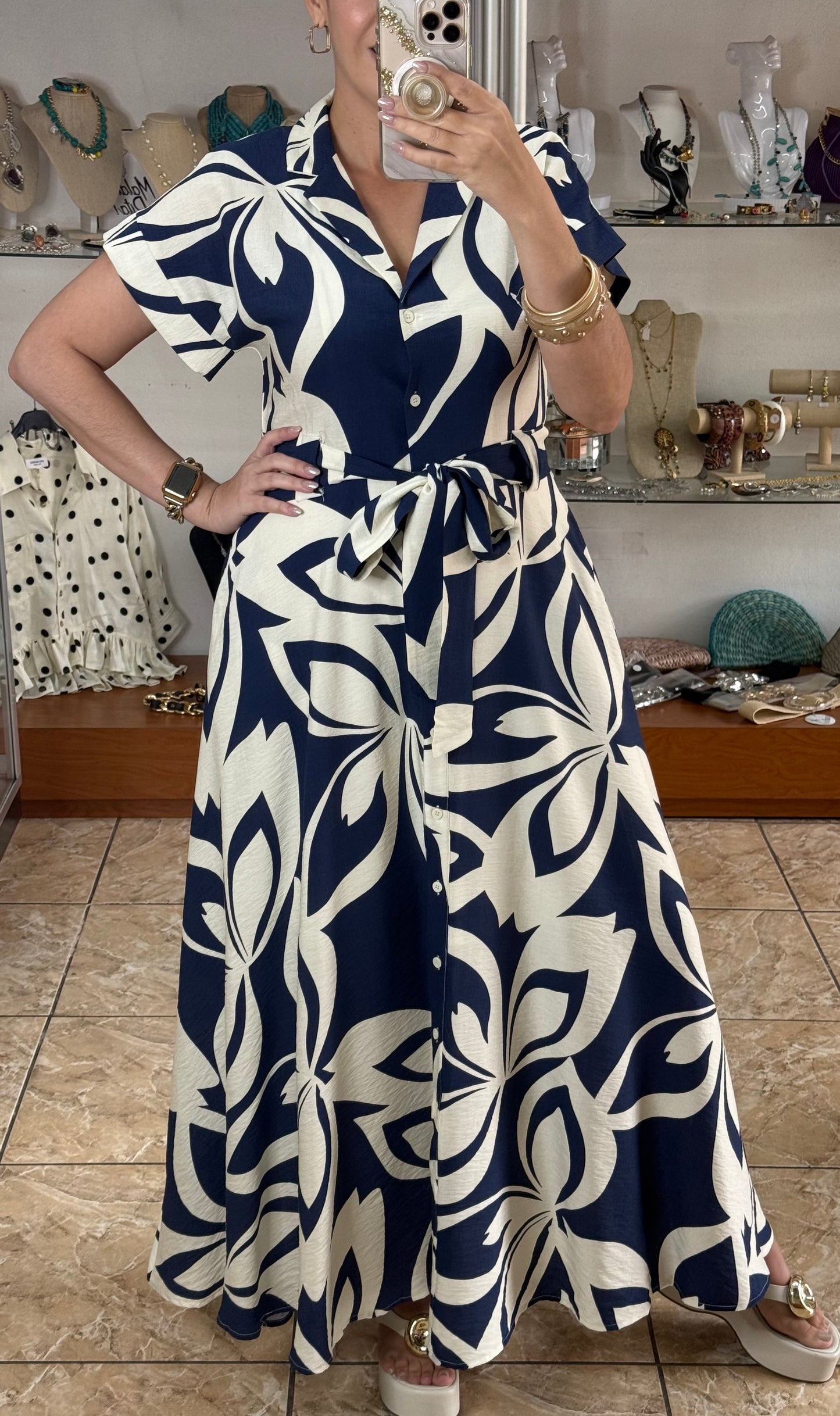 Navy Floral Belted Maxi Dress