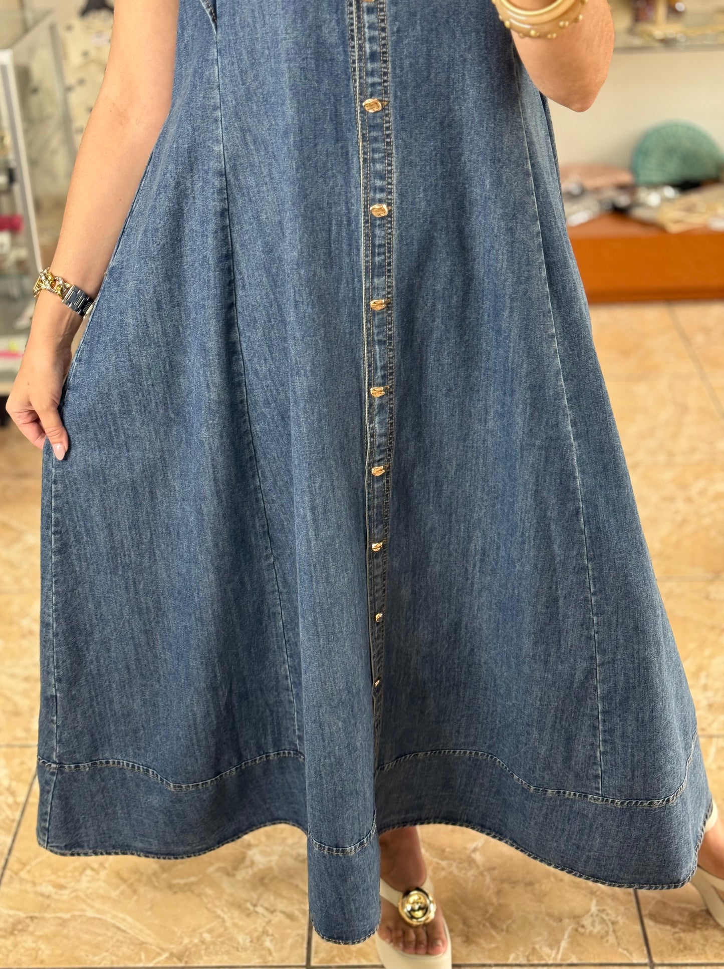 Gold Buttons Denim Maxi Dress