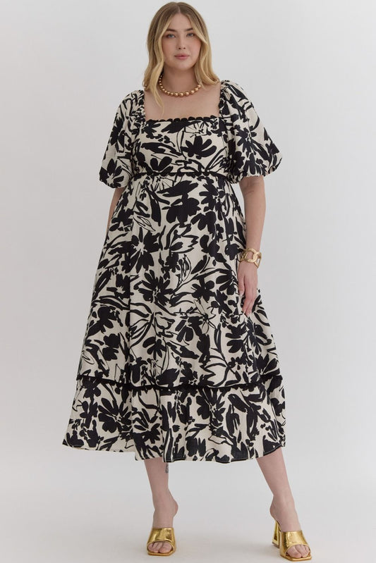 Floral Bubble Sleeves Midi Dress