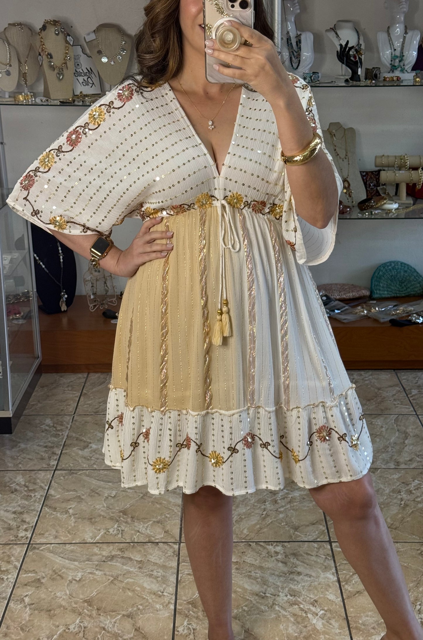 Sequins Floral Embroidered OS Boho Short Dress (NO RETURNS OR EXCHANGE)