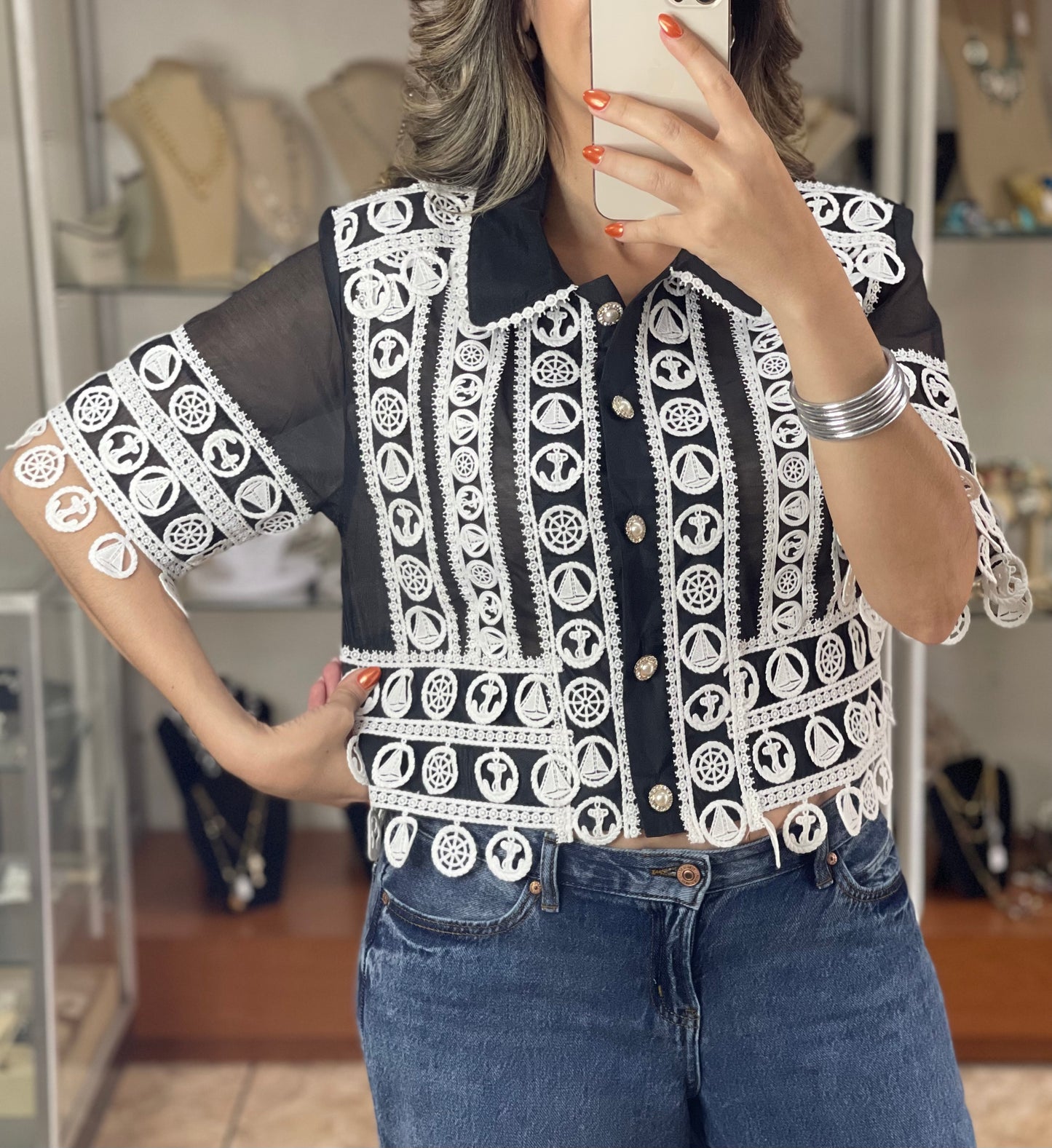 Black and White Crochet Details Top