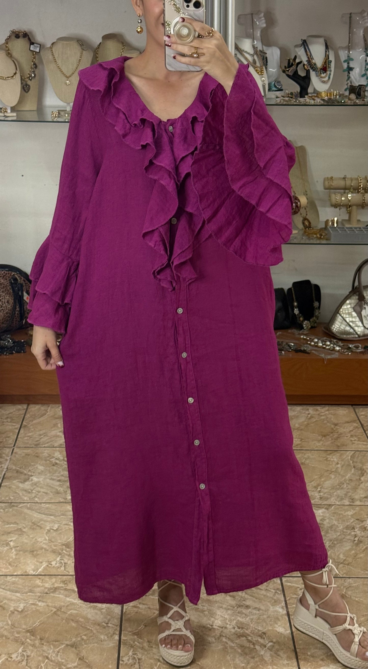 Ruffle Details OS Linen Maxi Dress (FINAL SALE)