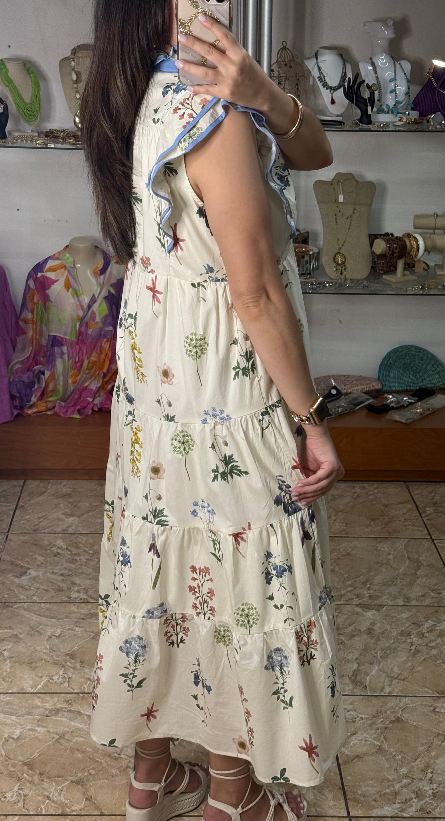 Cream Floral Midi Dress