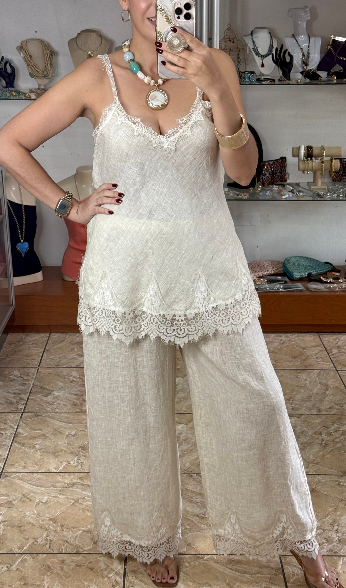 Linen/Lace Top & Pant OS Set (NO RETURNS OR EXCHANGE)