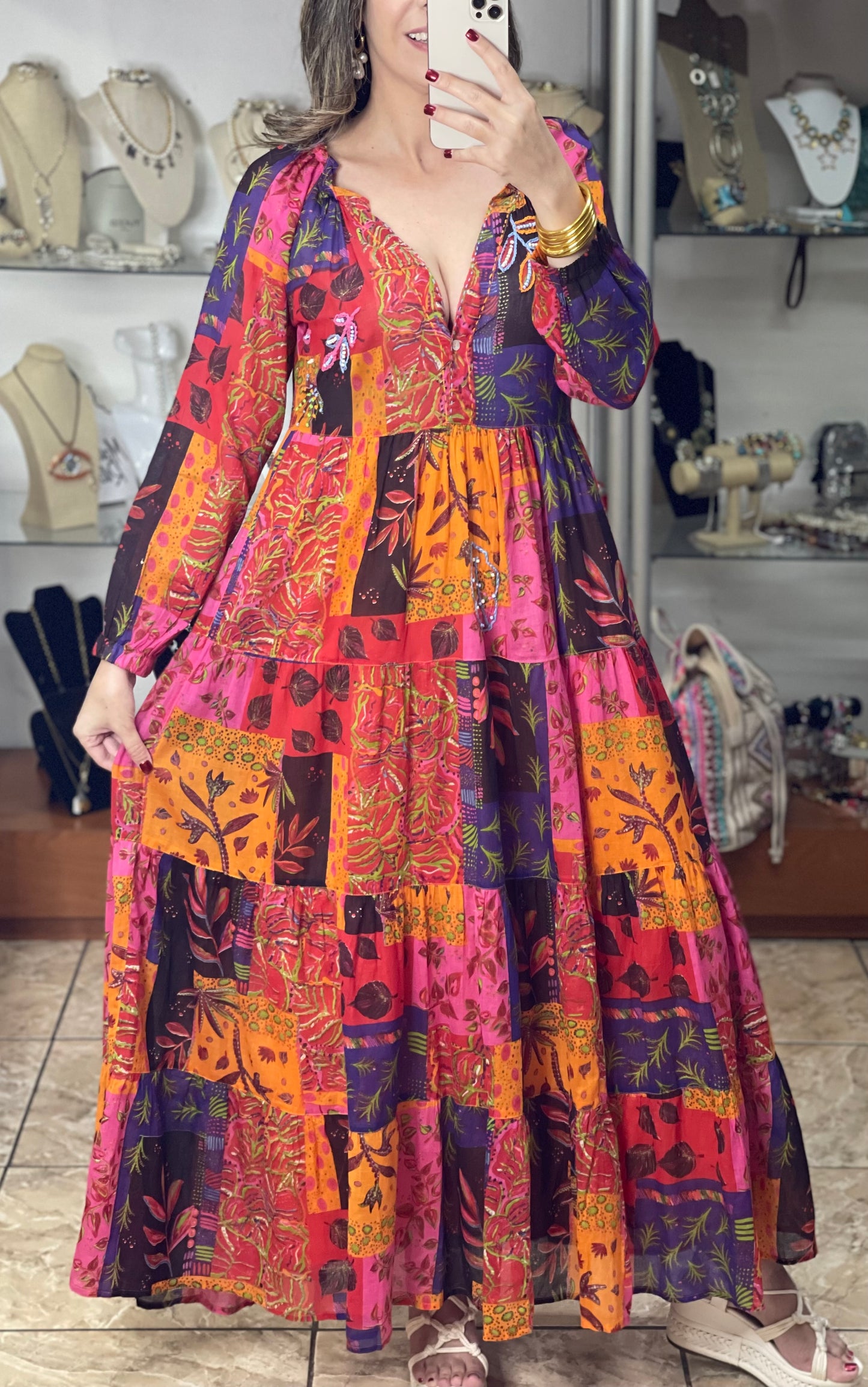 Red/Orange/Pink Patches Maxi Dress