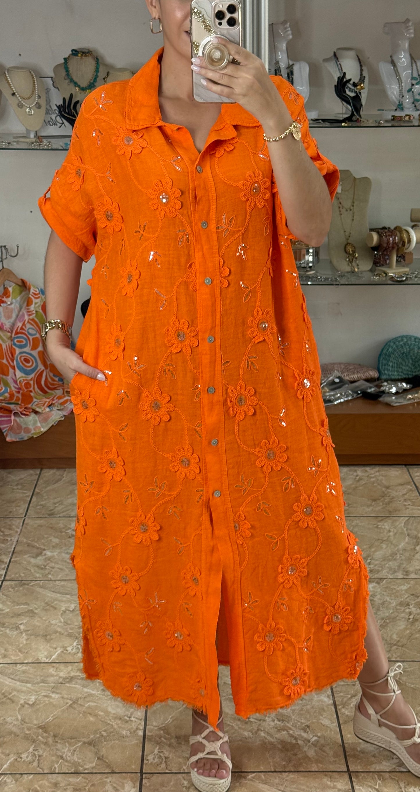 OS Embroidered/Sequins Linen Maxi Dress (NO RETURNS OR EXCHANGE)