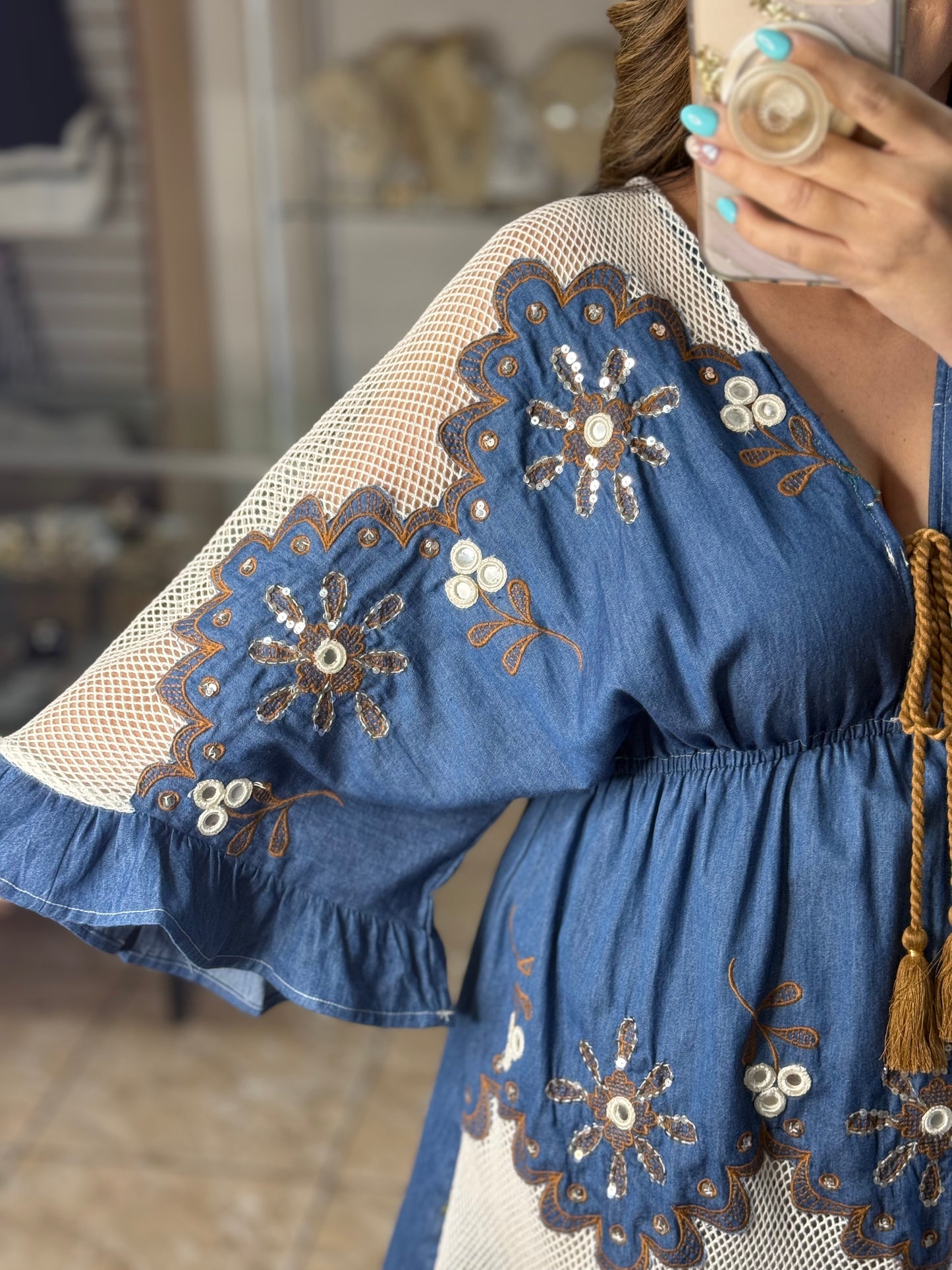 OS Floral Embroidered Boho Mini Dress (NO RETURNS OR EXCHANGE)