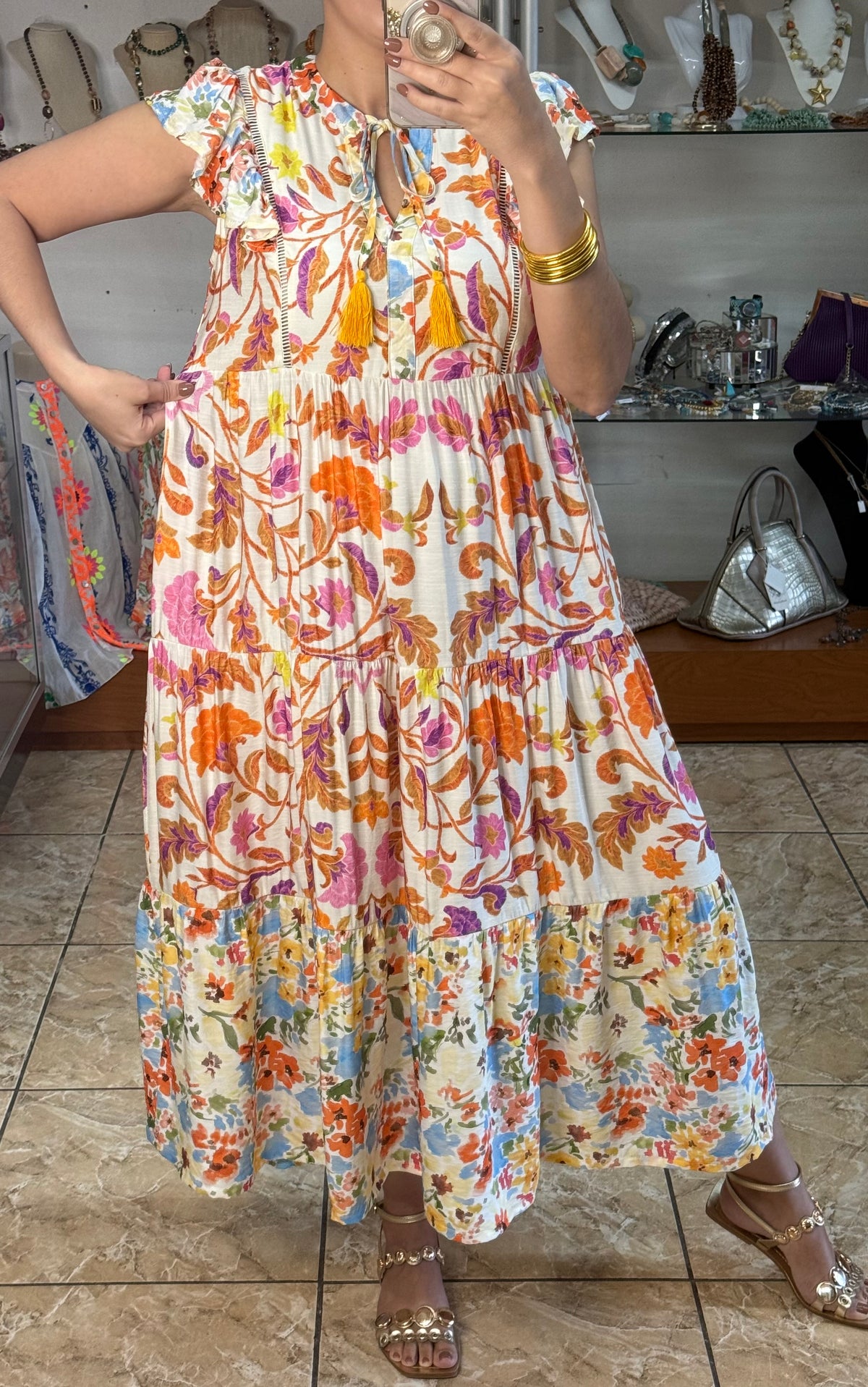 Orange Mix Floral Midi Dress