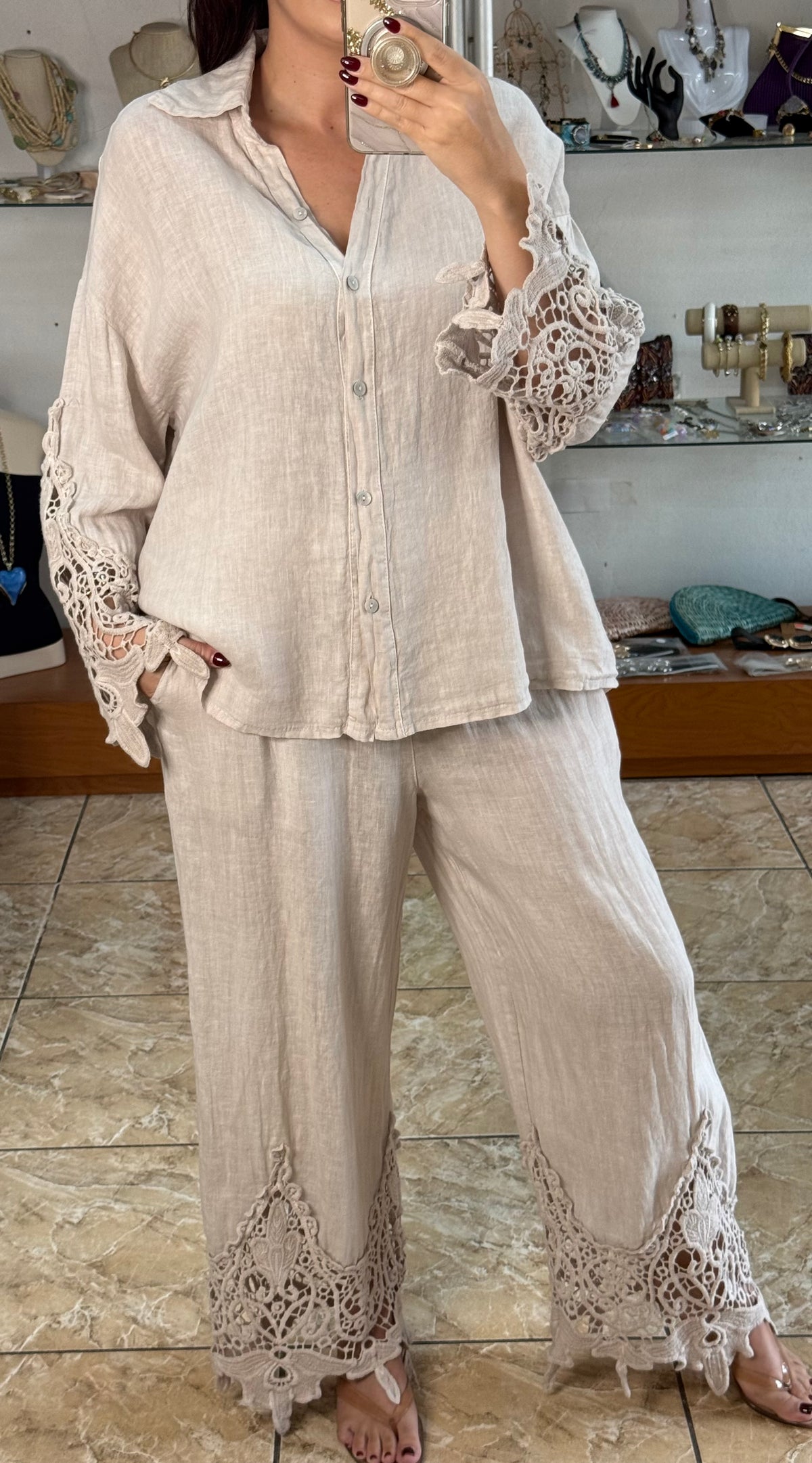 Aura Scalloped Lace/Linen Set (NO RETURNS OR EXCHANGE)