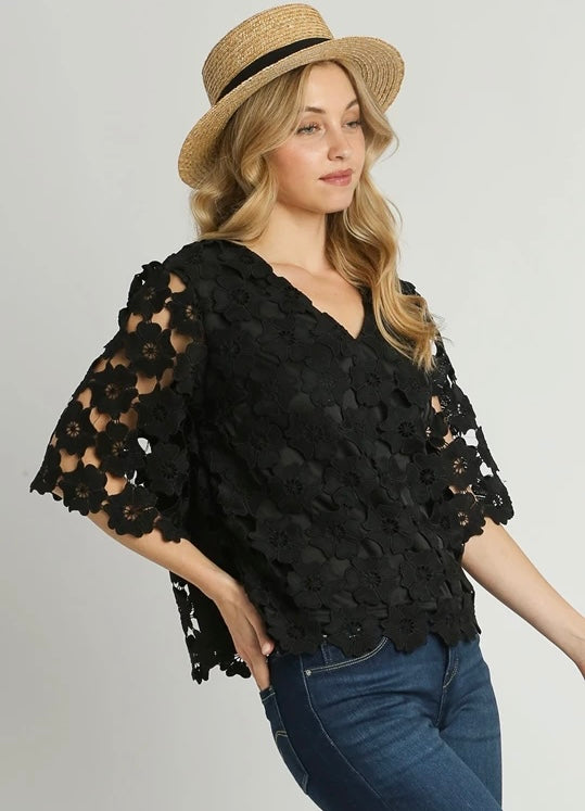 Scalloped Floral Lace V-Neck Top