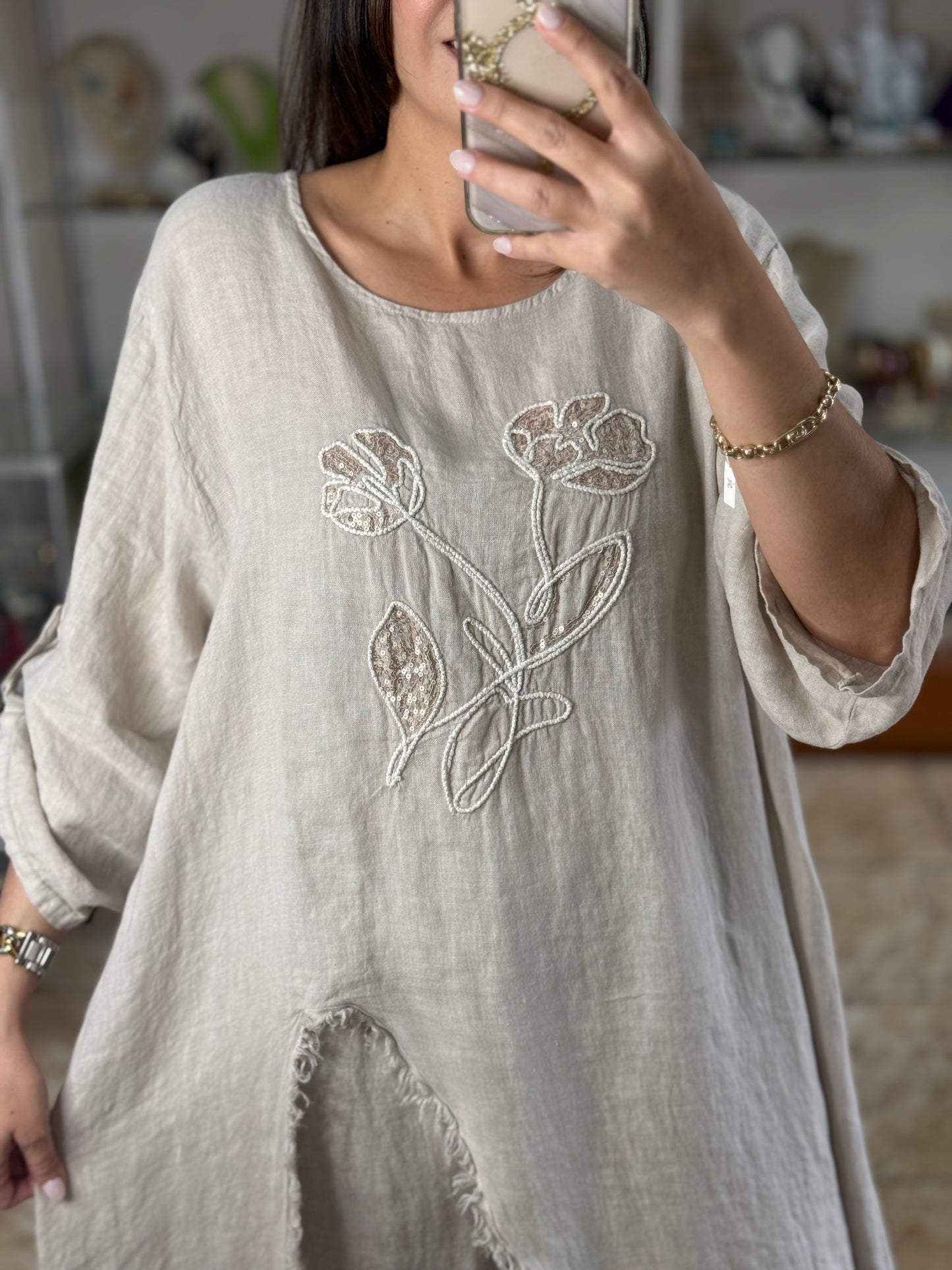 OS Asymmetrical Linen/Sequins Top (NO RETURNS OR EXCHANGE) (PANT SOLD SEPARATELY)