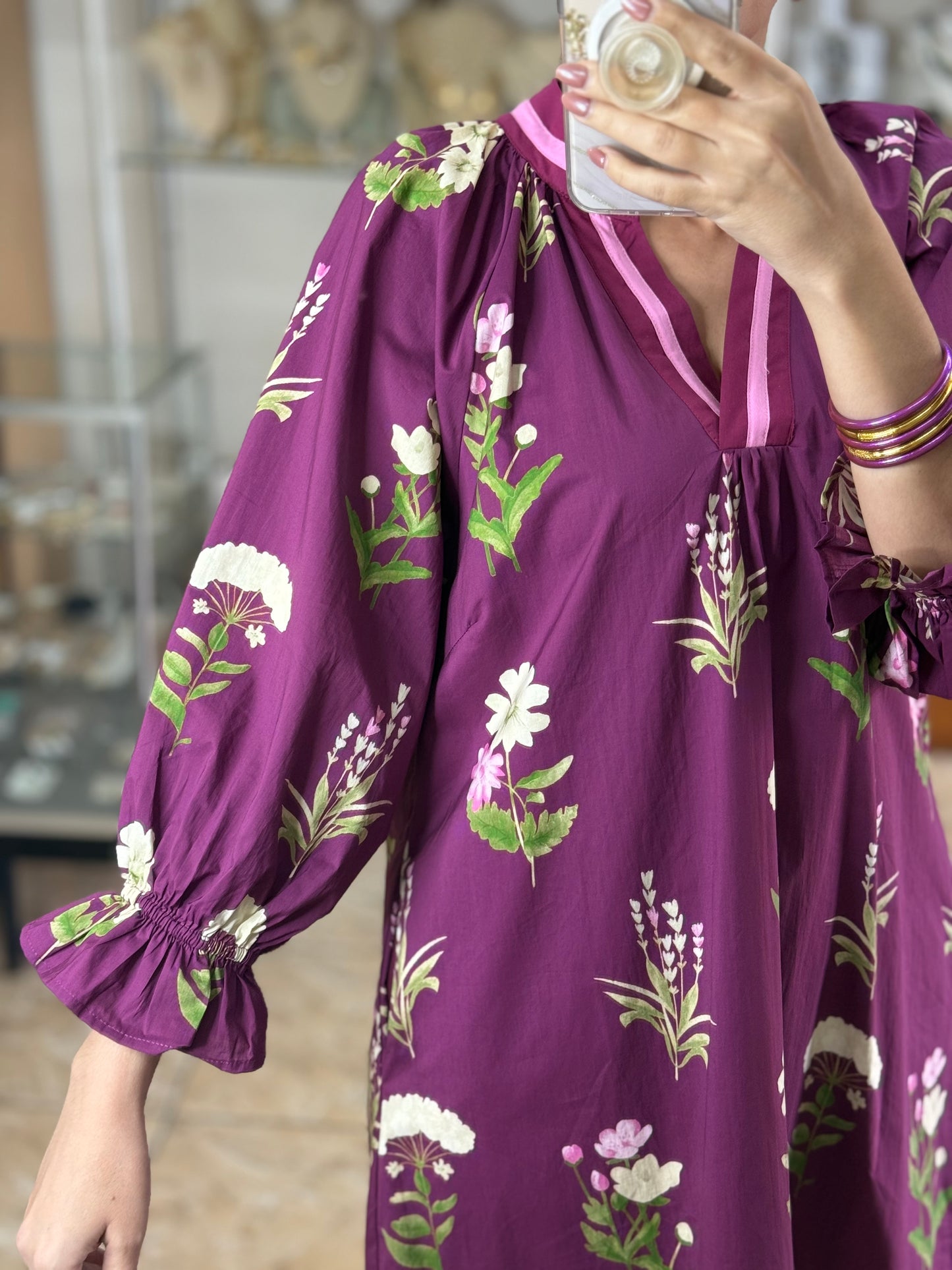 Floral Tunic Dress with Contrast Trim