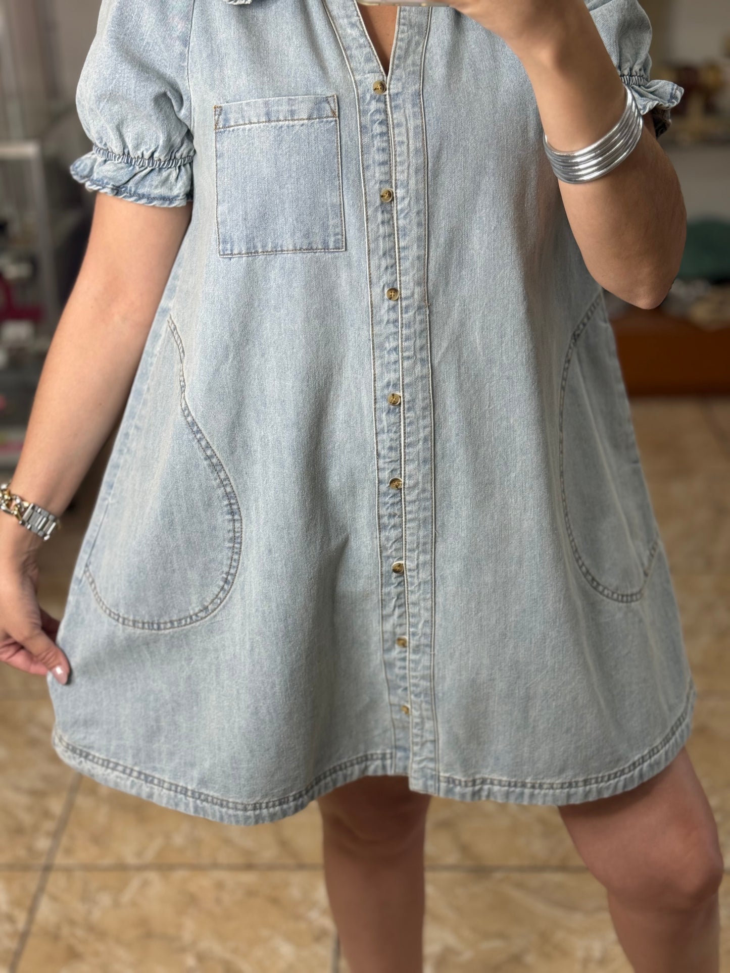 Peter Pan Neckline Denim Dress