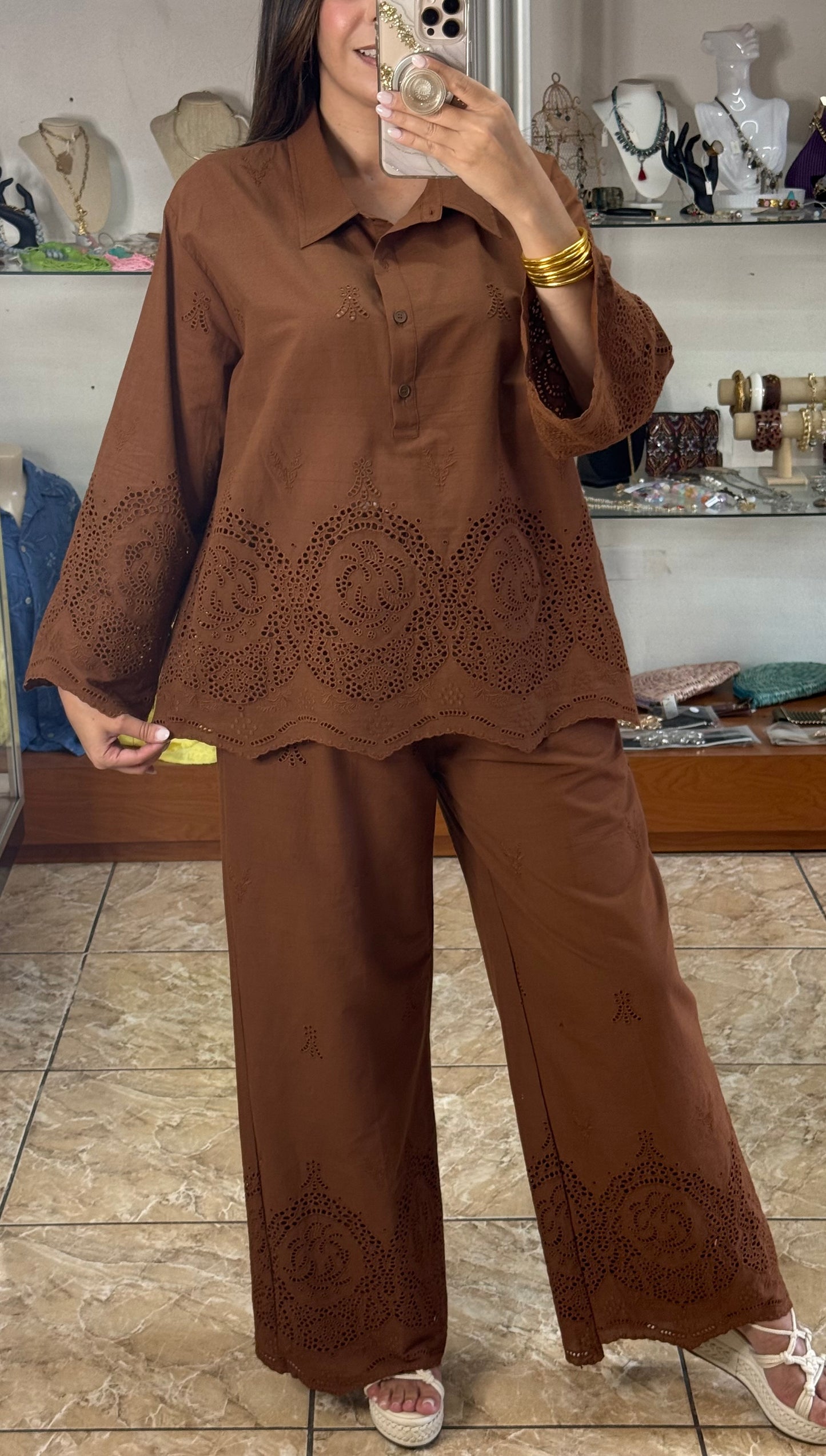Chocolate Embroidered OS Pant Set (NO RETURNS OR EXCHANGE)