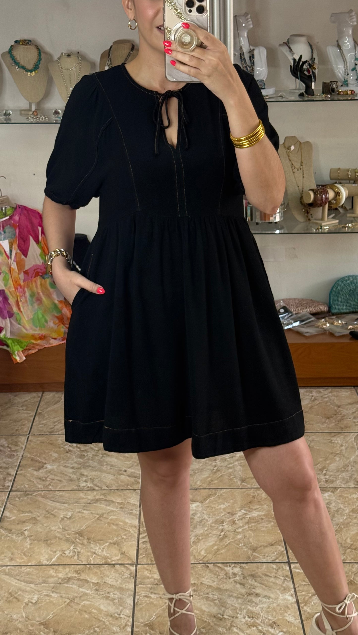 Black Linen Blend V-Neck Dress