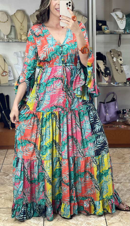 Tropical Multi Long Sleeves OS Maxi Dress