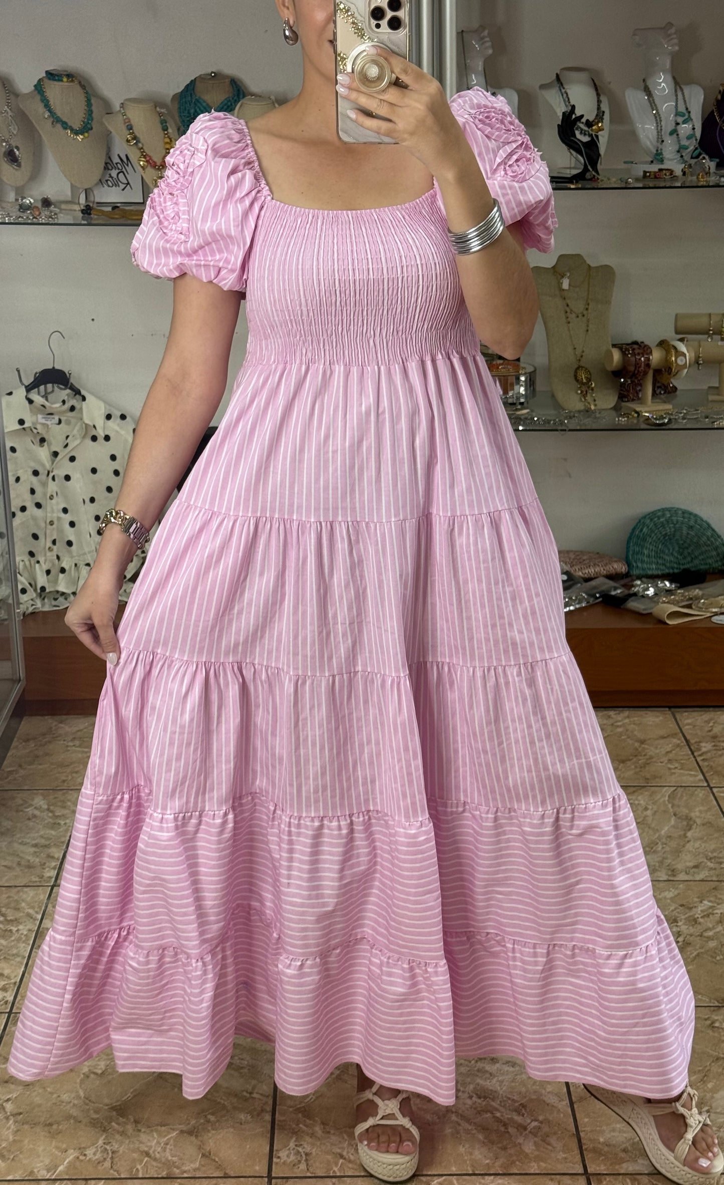 Puff Sleeves Striped OS Maxi Dress (NO RETURNS OR EXCHANGE)