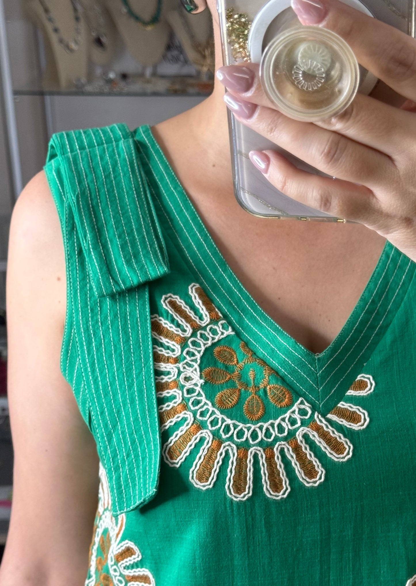 Green Sleeveless V-Neck Mini Dress