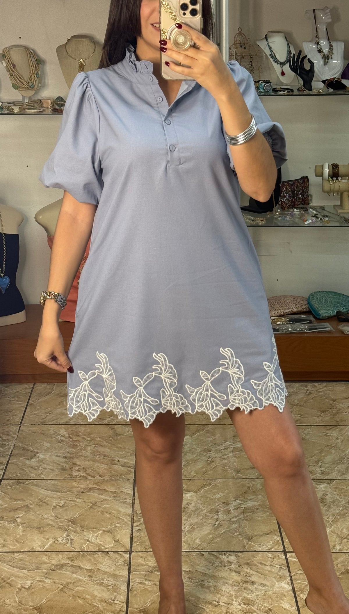 Bubble Sleeve Ruffled Neck Mini Dress