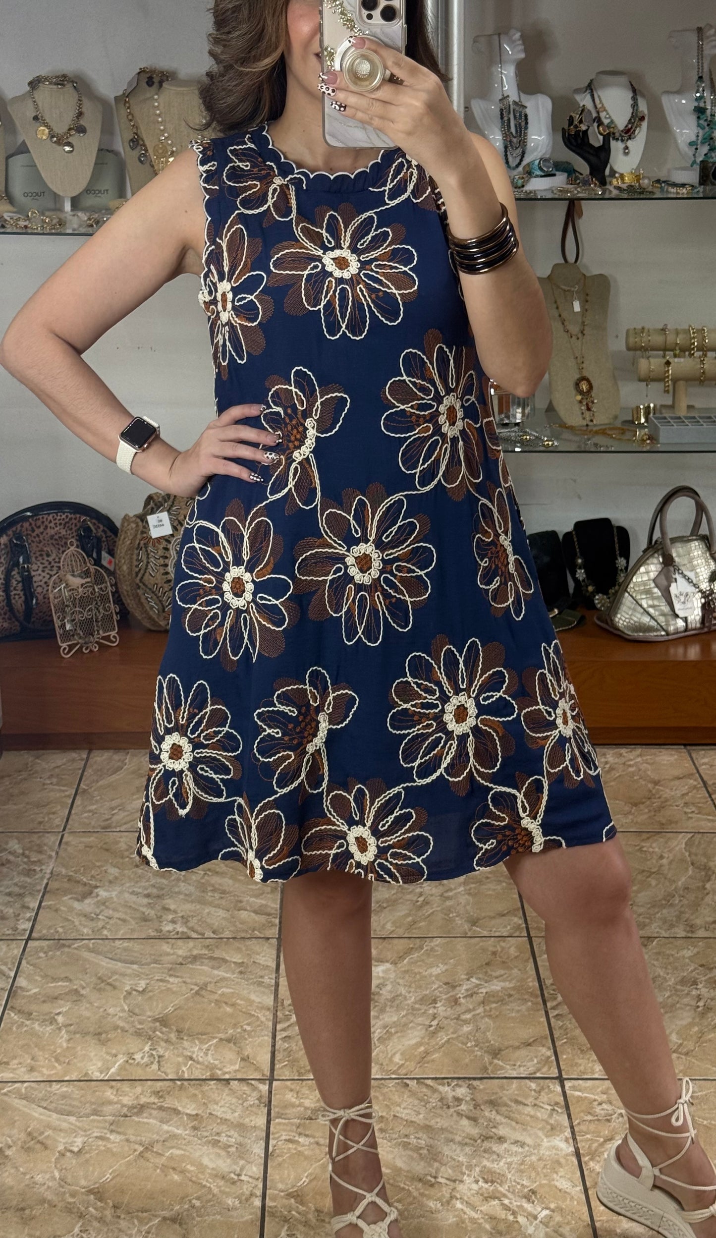 Navy Floral Embroidered Dress