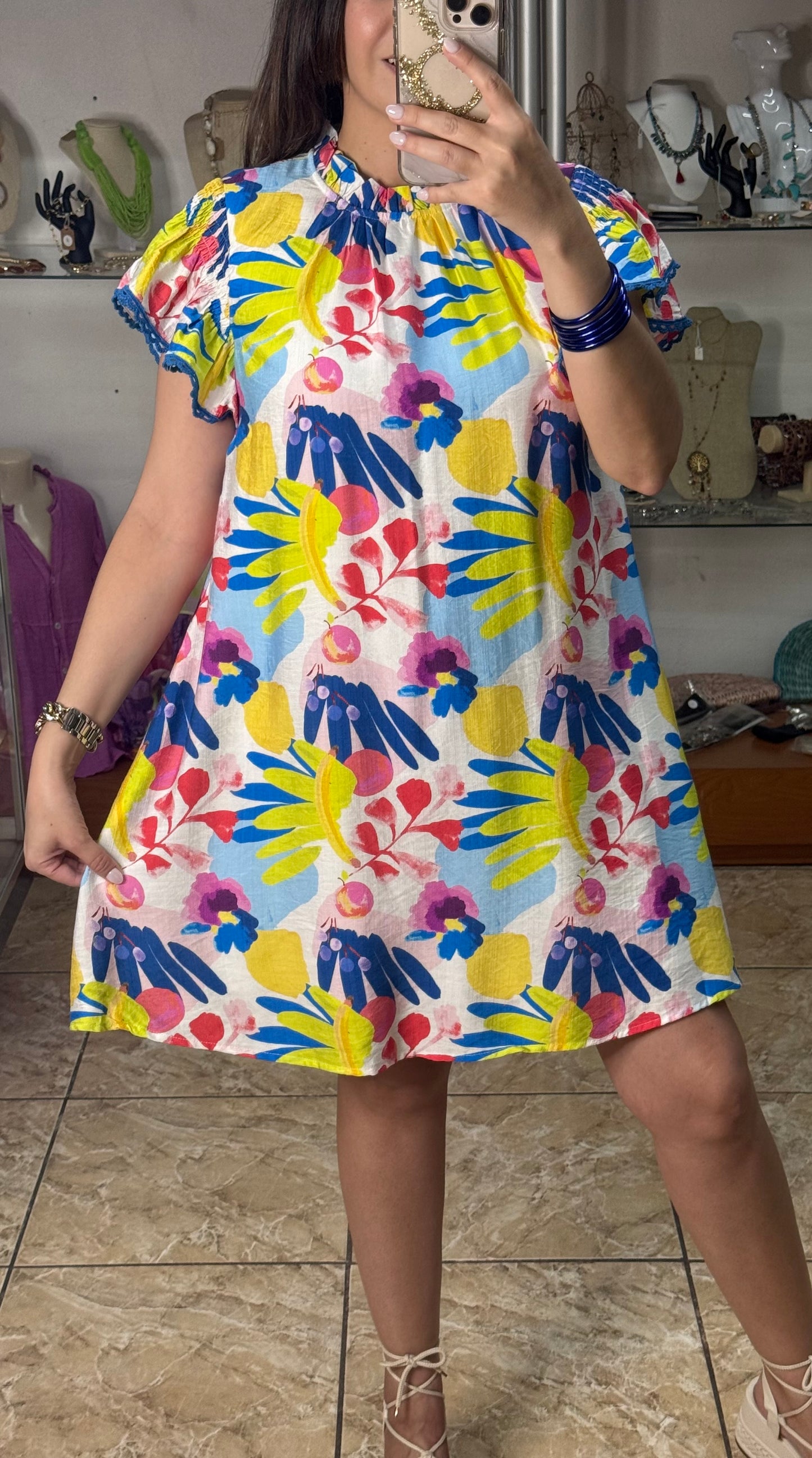 Blue Mix Flutter Sleeves Floral Dress