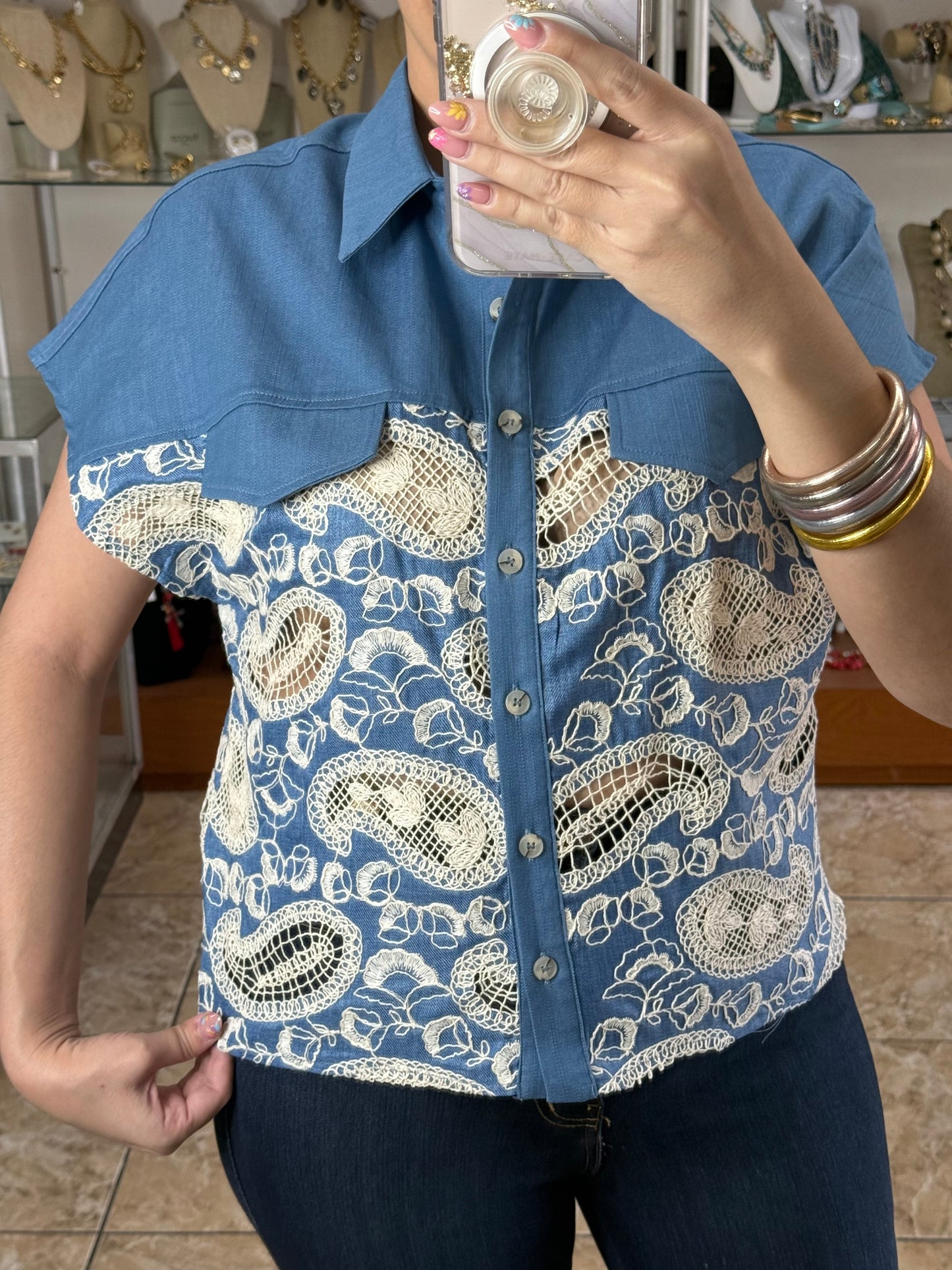 Denim/Crochet Paisley Top
