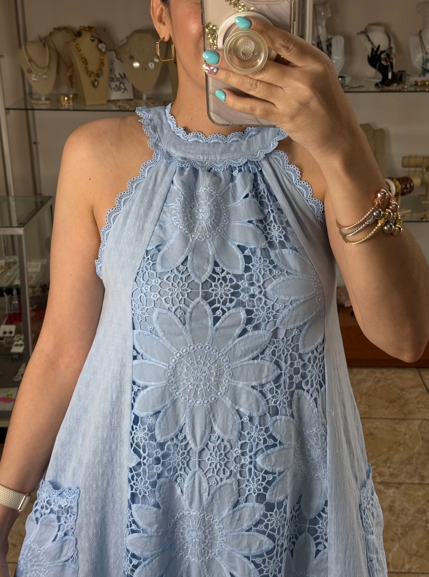 Light Blue Halter Floral Maxi Dress