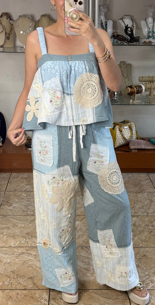Blue Mix Crochet Details Pant Set