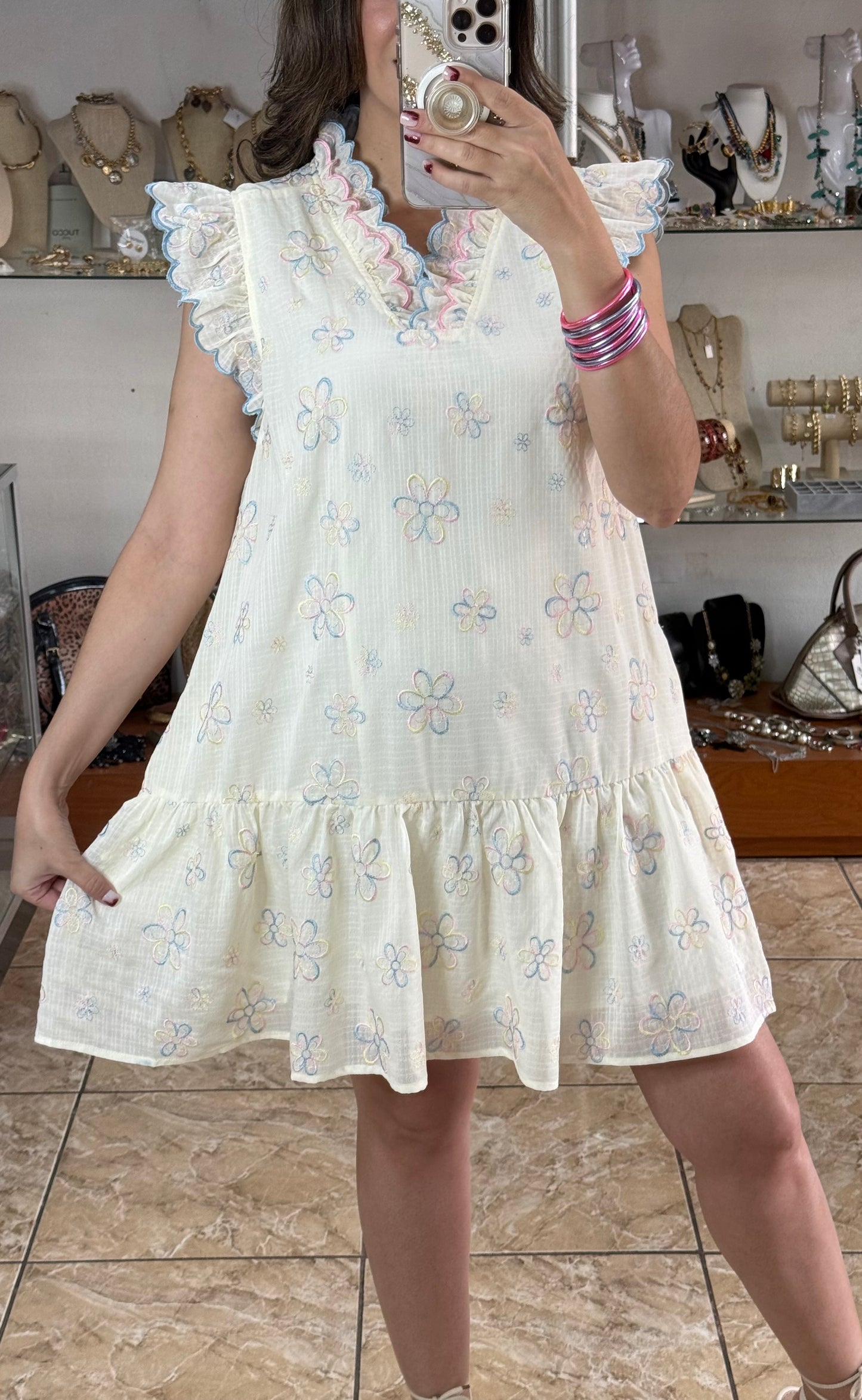 Pastel Floral Embroidered Mini Dress