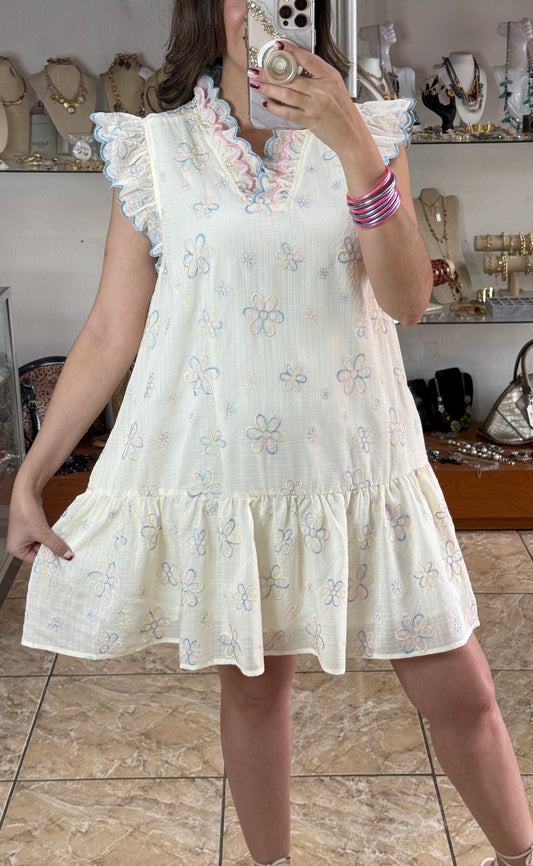 Pastel Floral Embroidered Mini Dress