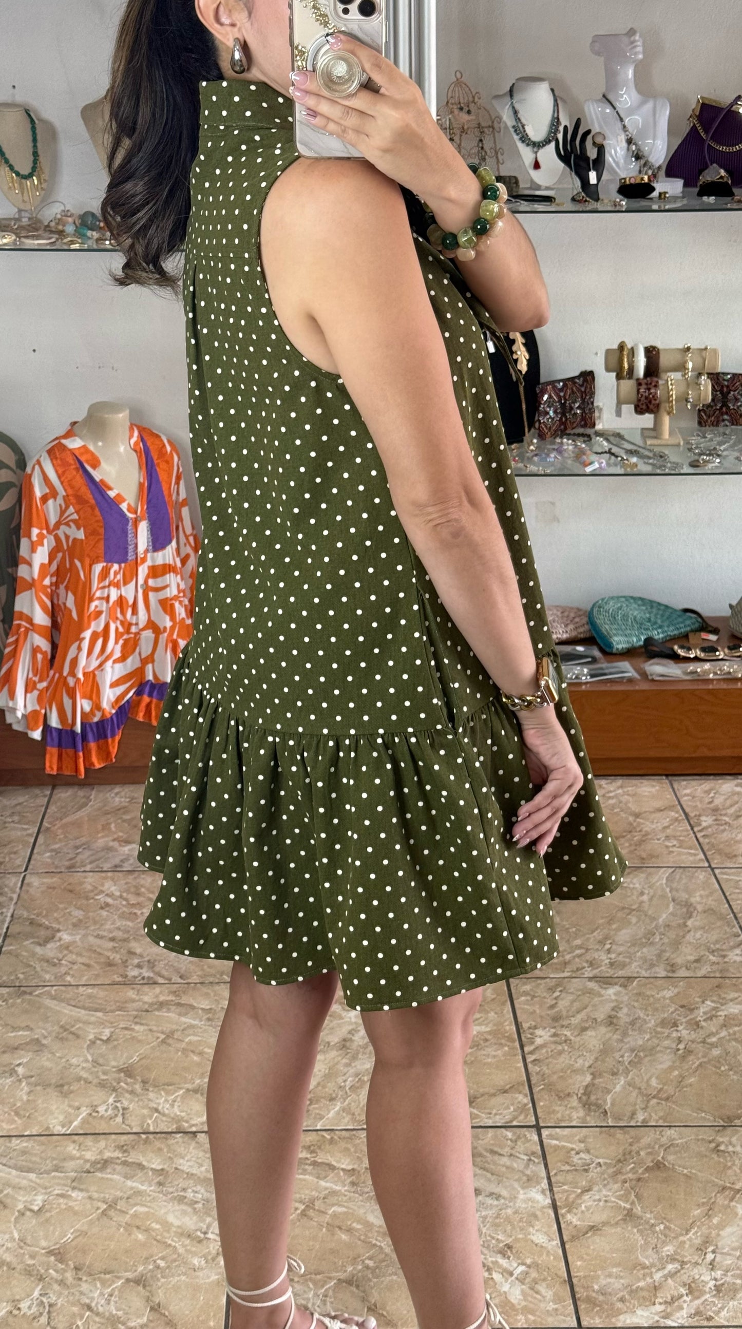 Olive Sleeveless Polkadot Mini Denim Dress