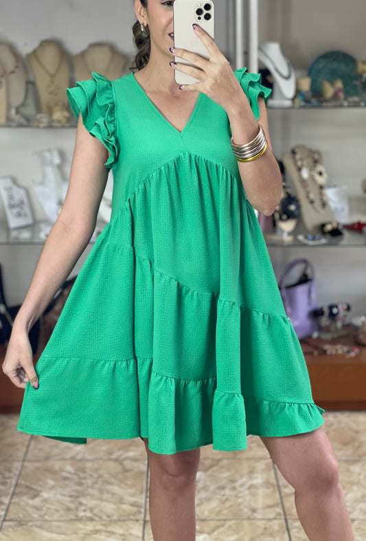 Green Ruffle Sleeve Mini Dress
