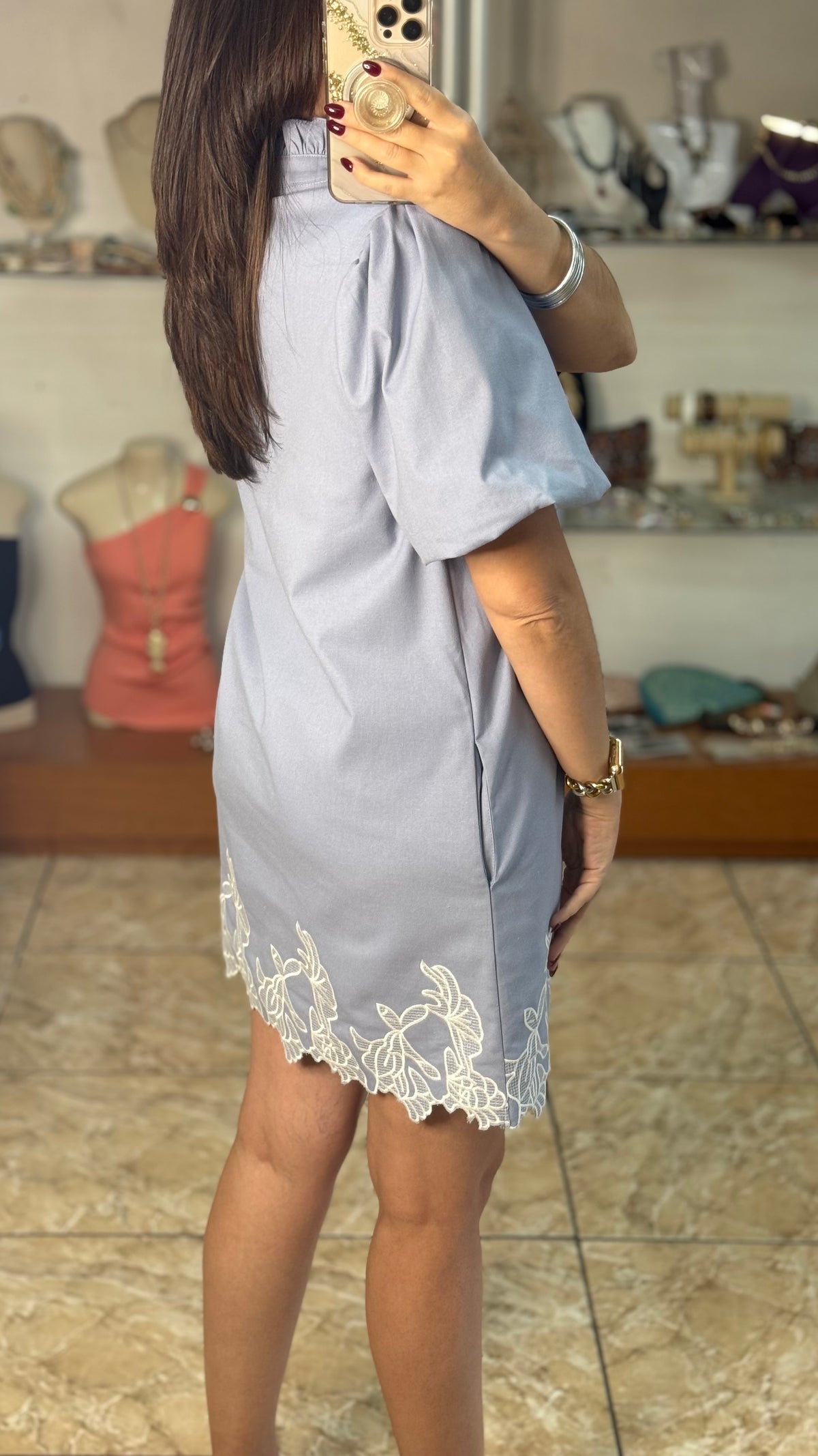 Bubble Sleeve Ruffled Neck Mini Dress