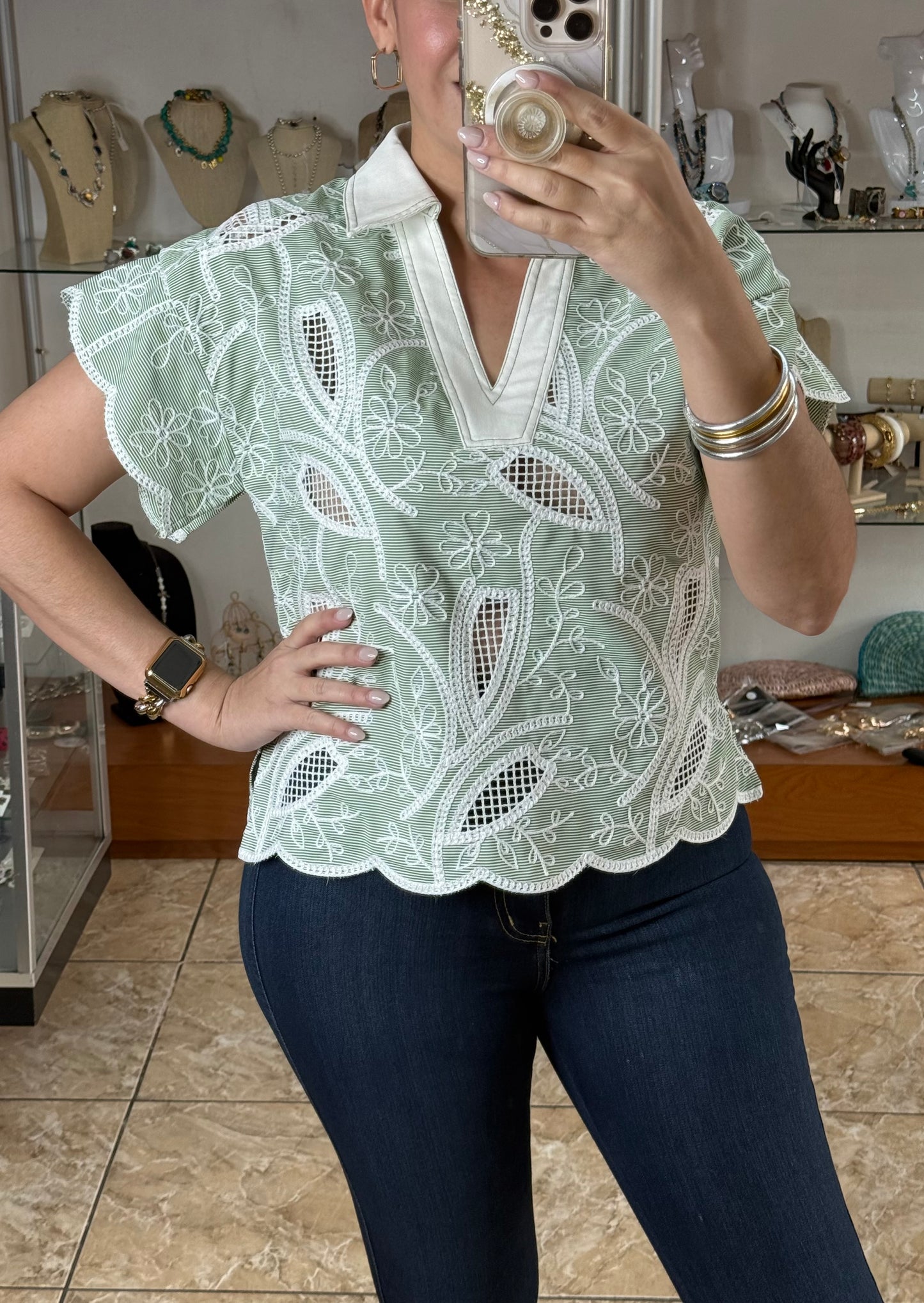 Green Stripes Floral Embroidered Top