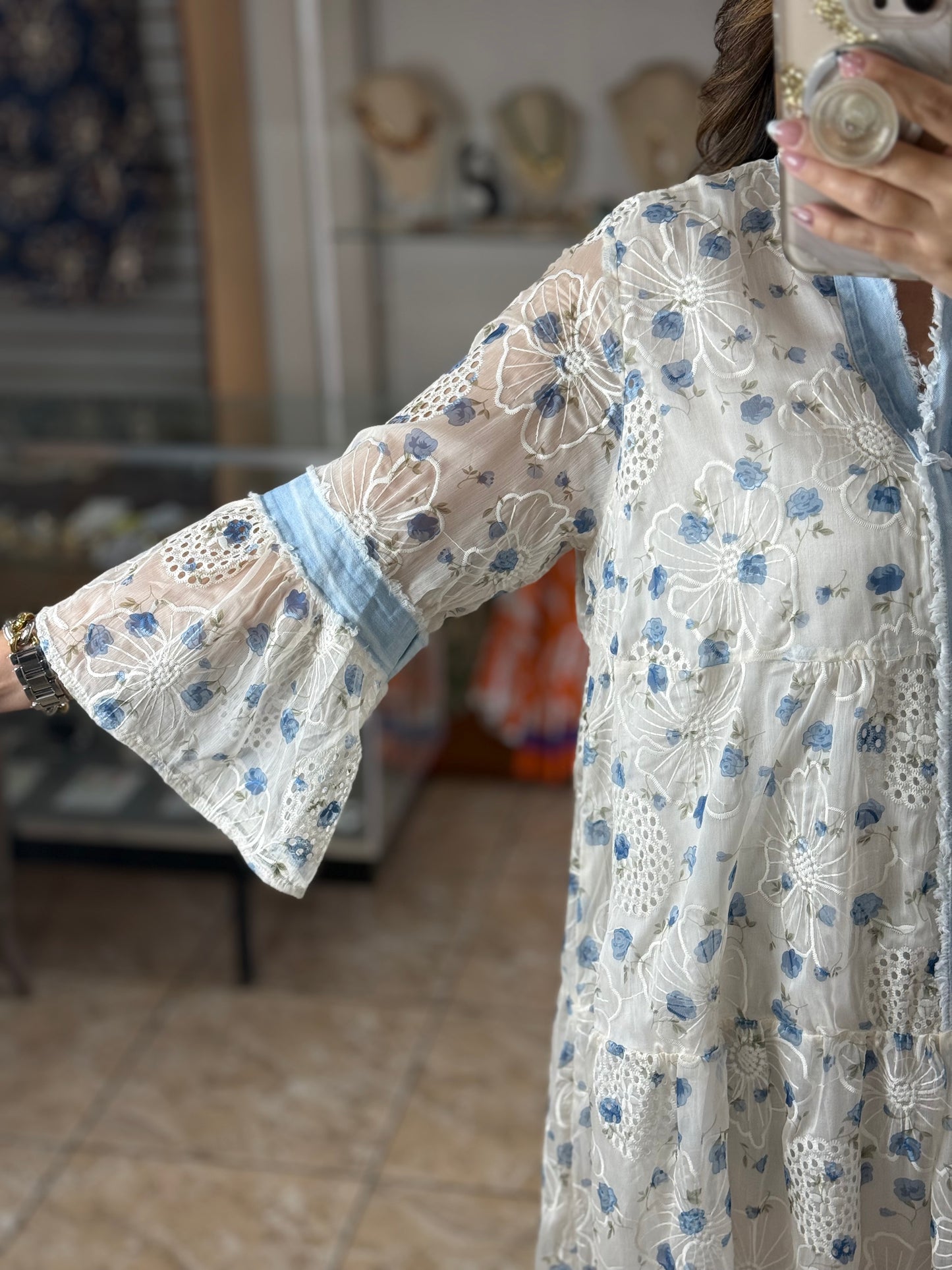 Blue Flowers OS Embroidered Maxi Dress (NO RETURNS OR EXCHANGE)
