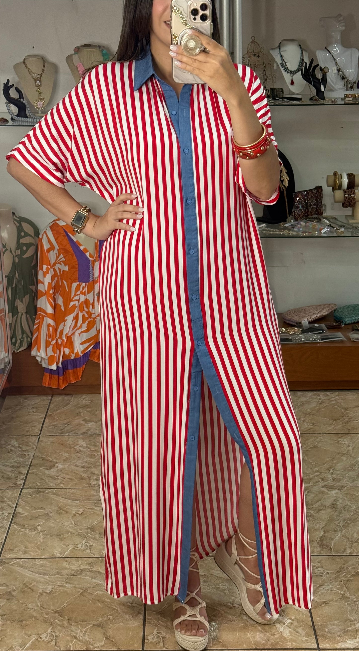 Red Stripes Button Down Maxi Dress