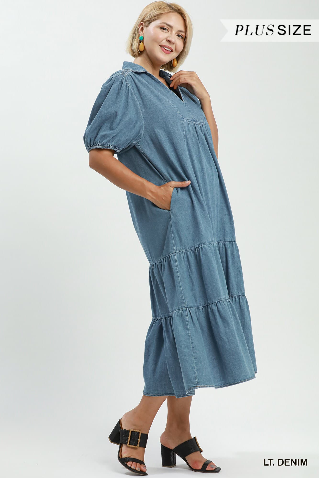 Lt. Denim Tiered Midi Dress (PLUS)