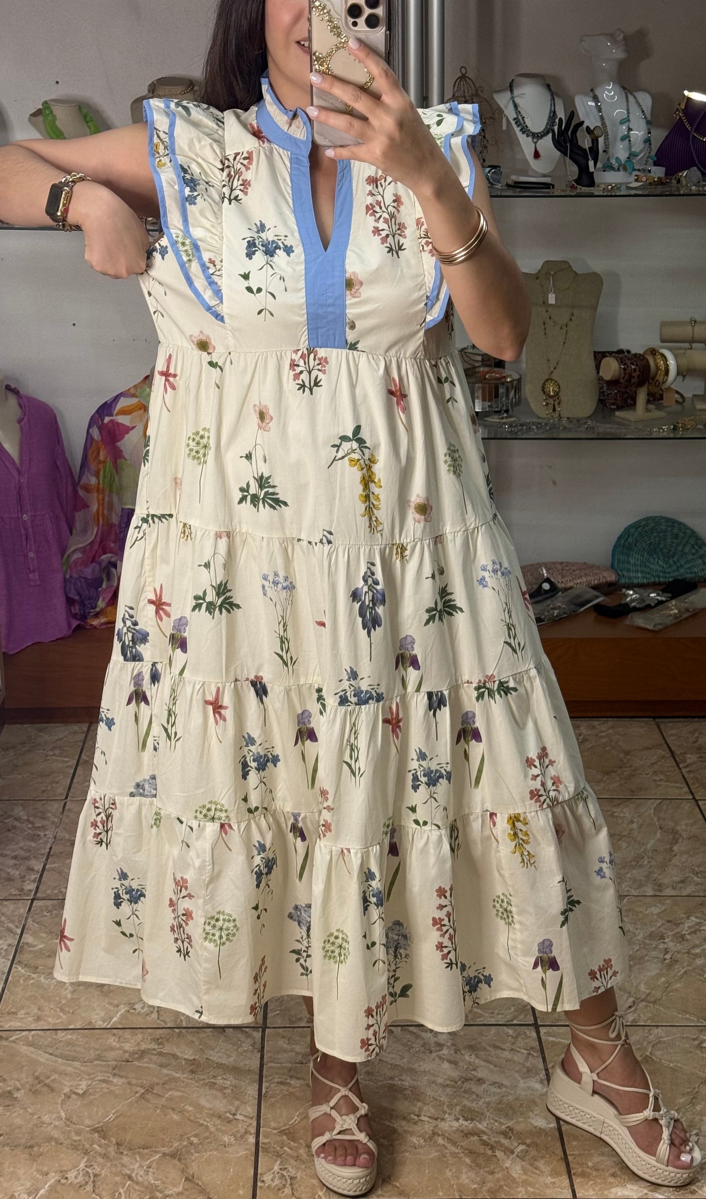 Cream Floral Midi Dress