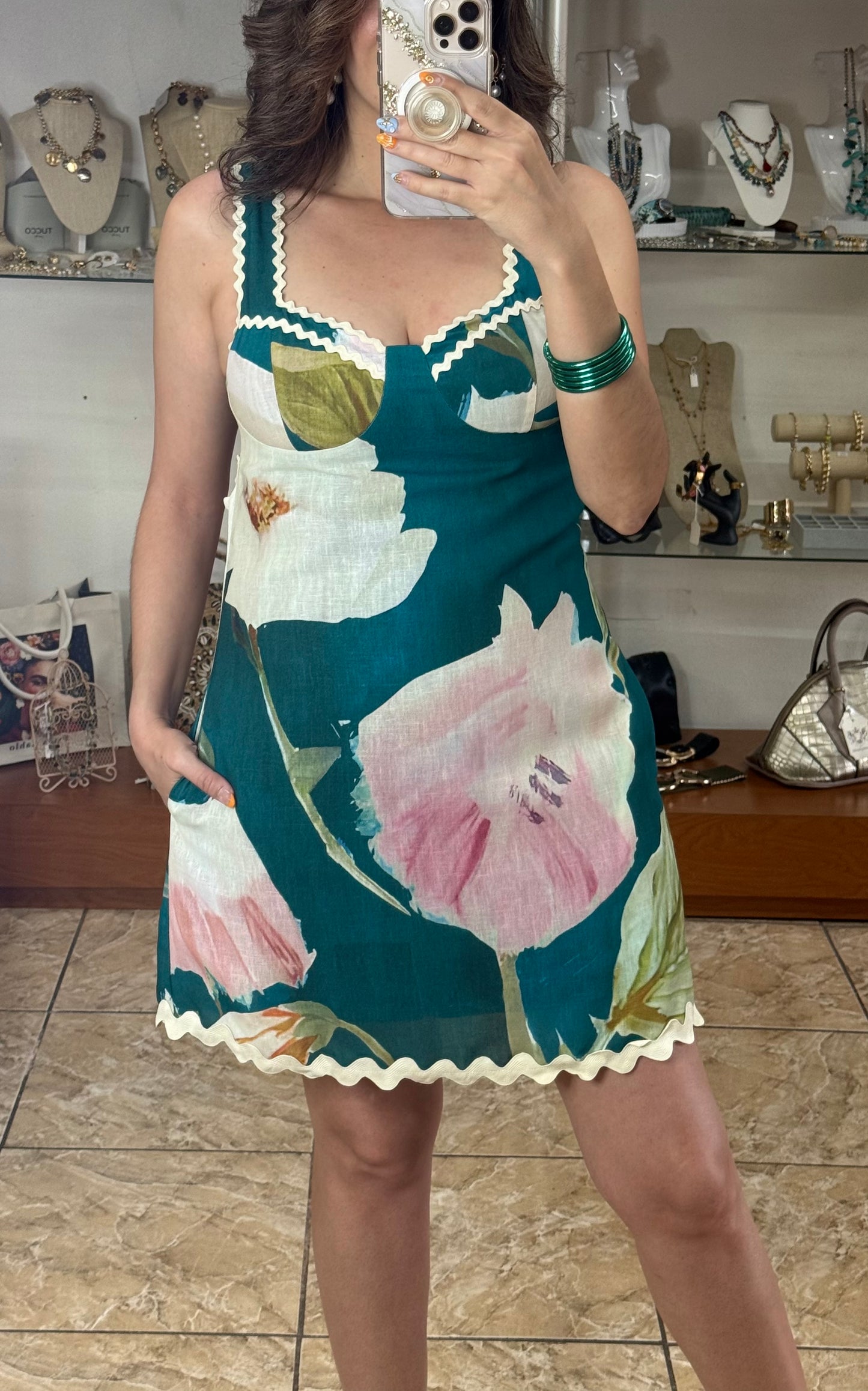 Teal Floral Open Back Mini Dress
