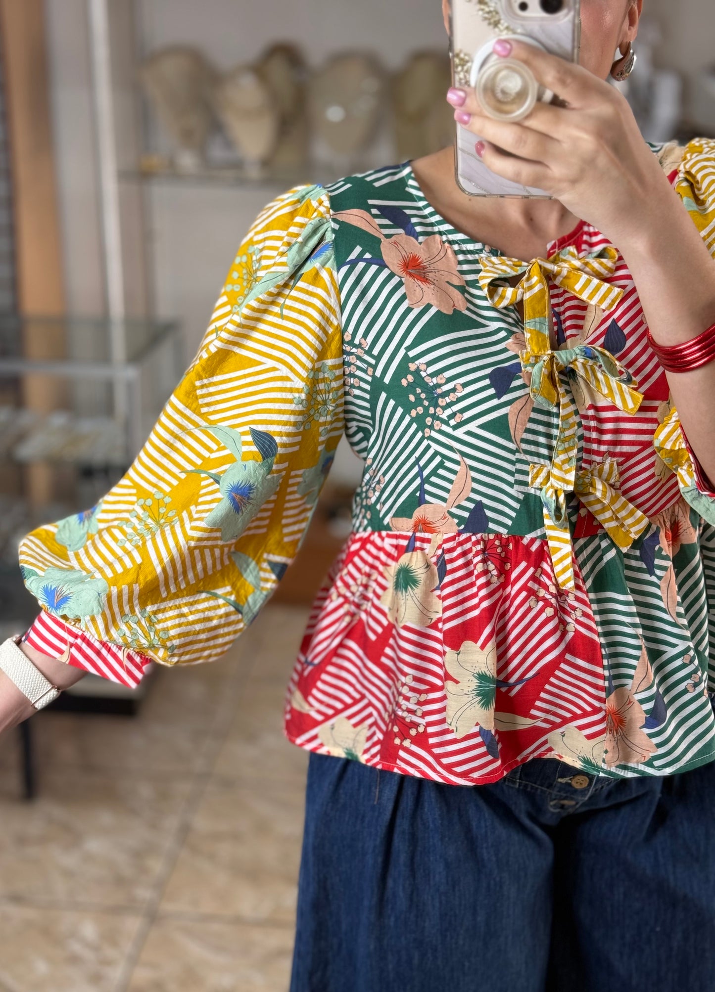 Long Sleeves Multicolor Peplum Top