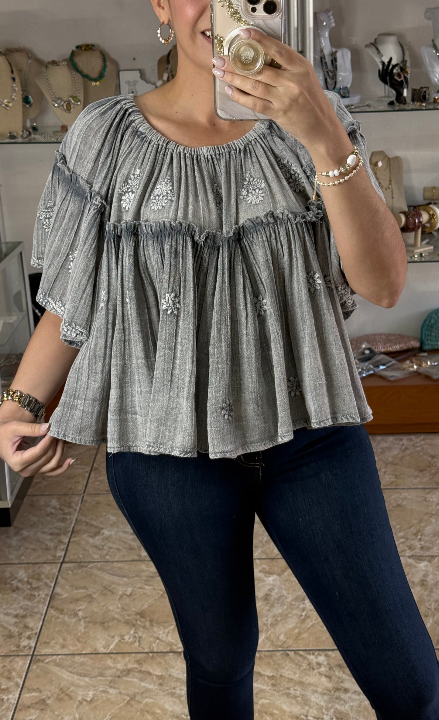 Gray Off Shoulder Floral Embroidered Top