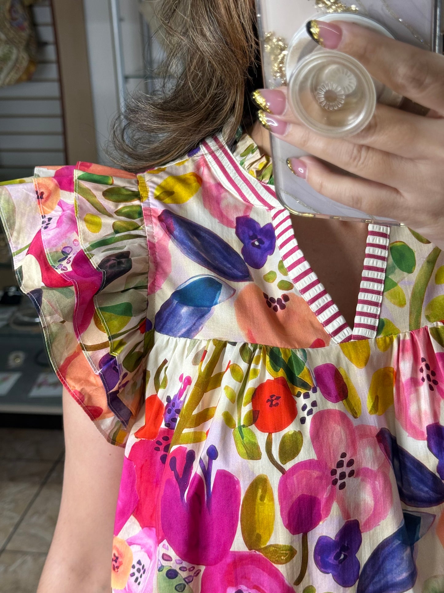 Pink Mix Flutter Sleeves Floral Dress