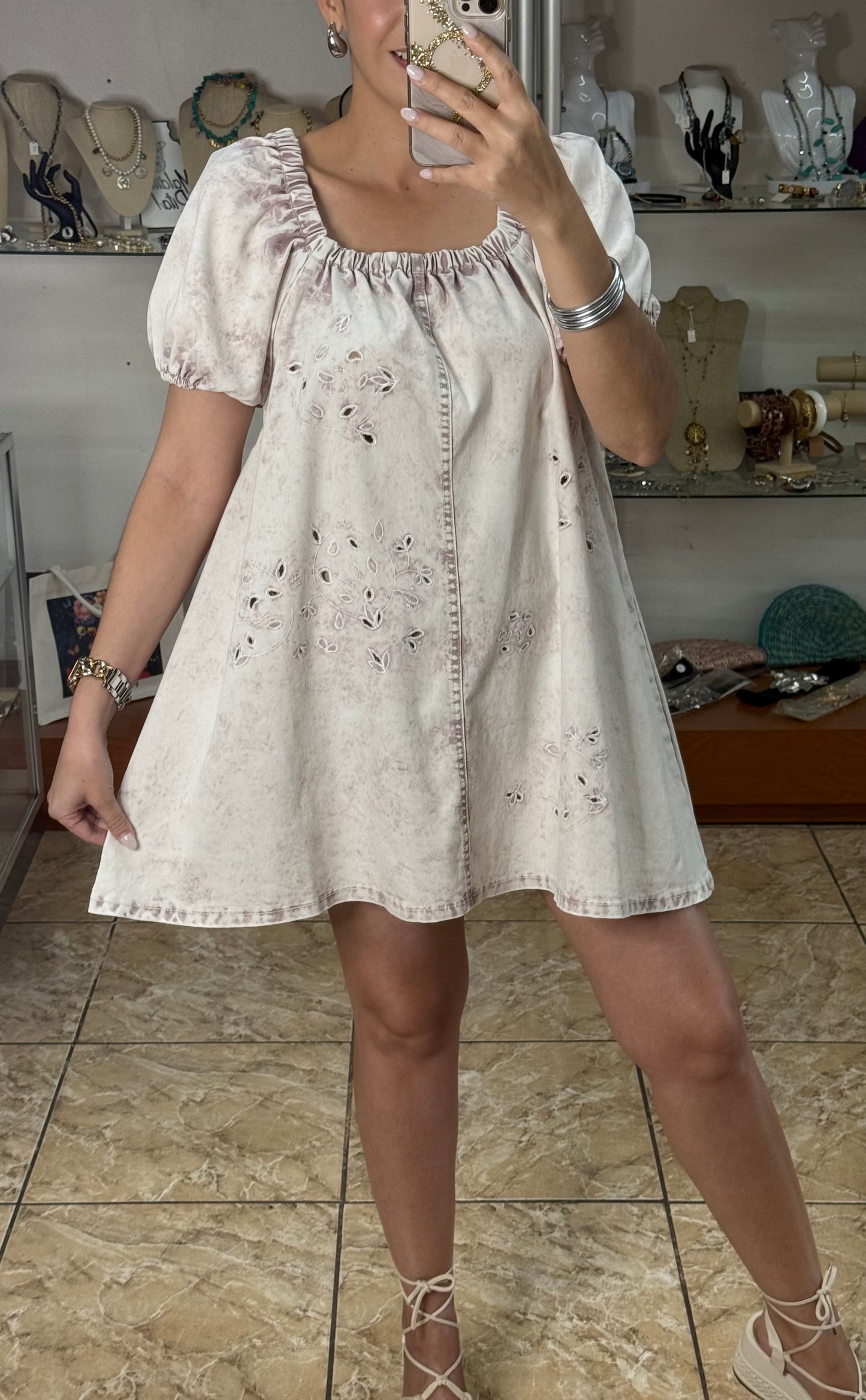 Eyelet Denim Wash Mini Dress