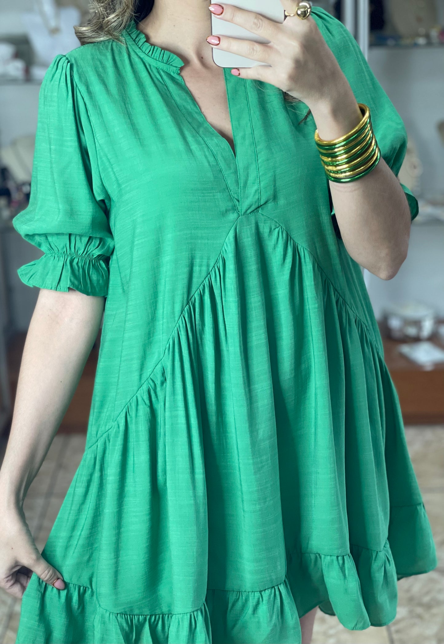 Puff Sleeve Short Green Dress