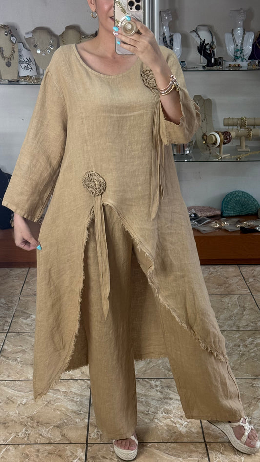Camel OS Asymmetrical Top and Pant Linen Set (NO RETURNS OR EXCHANGE)